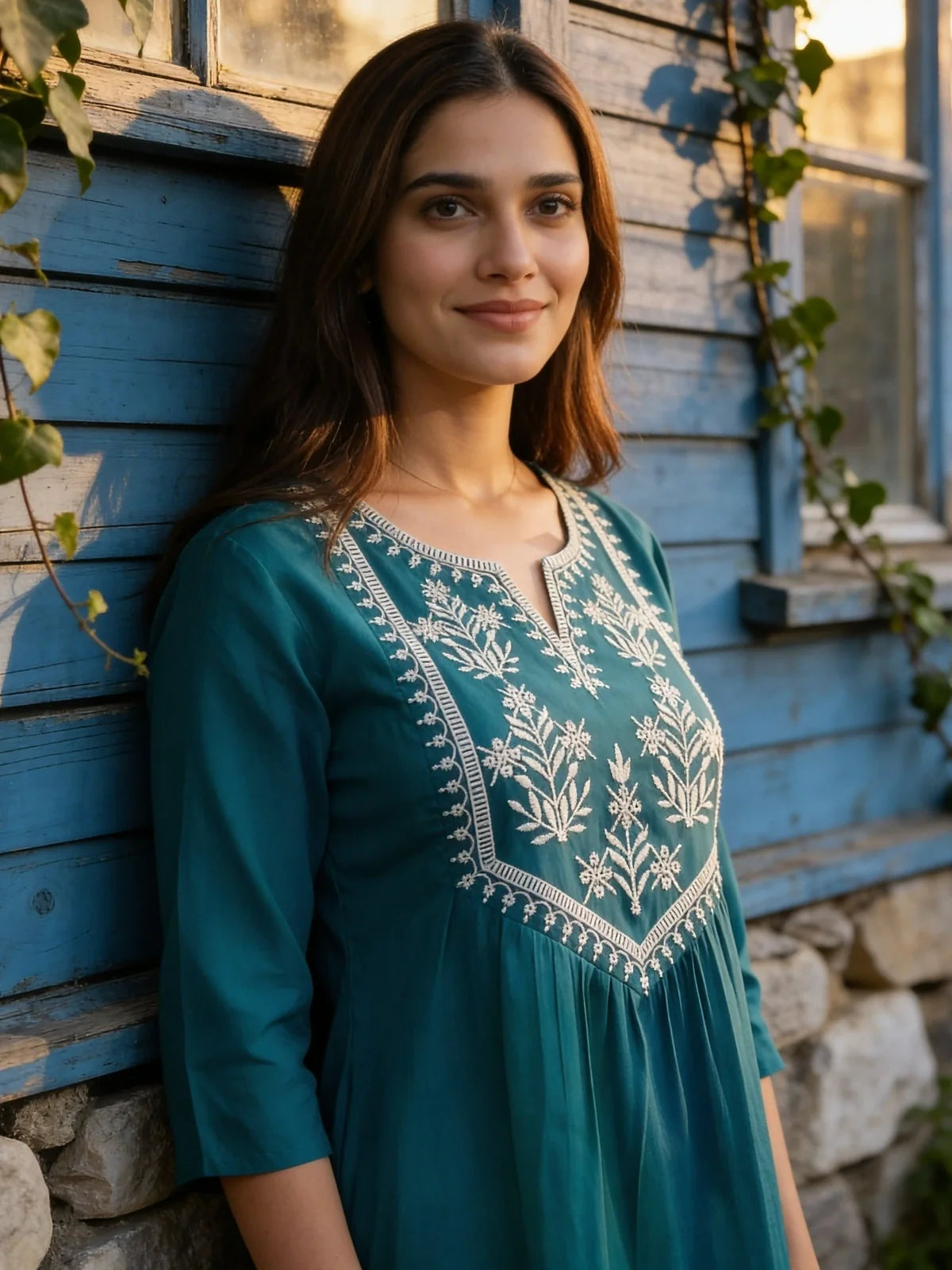 Buy Rayon Embroidered A-Line Short Length Short Kurta-Turquoise