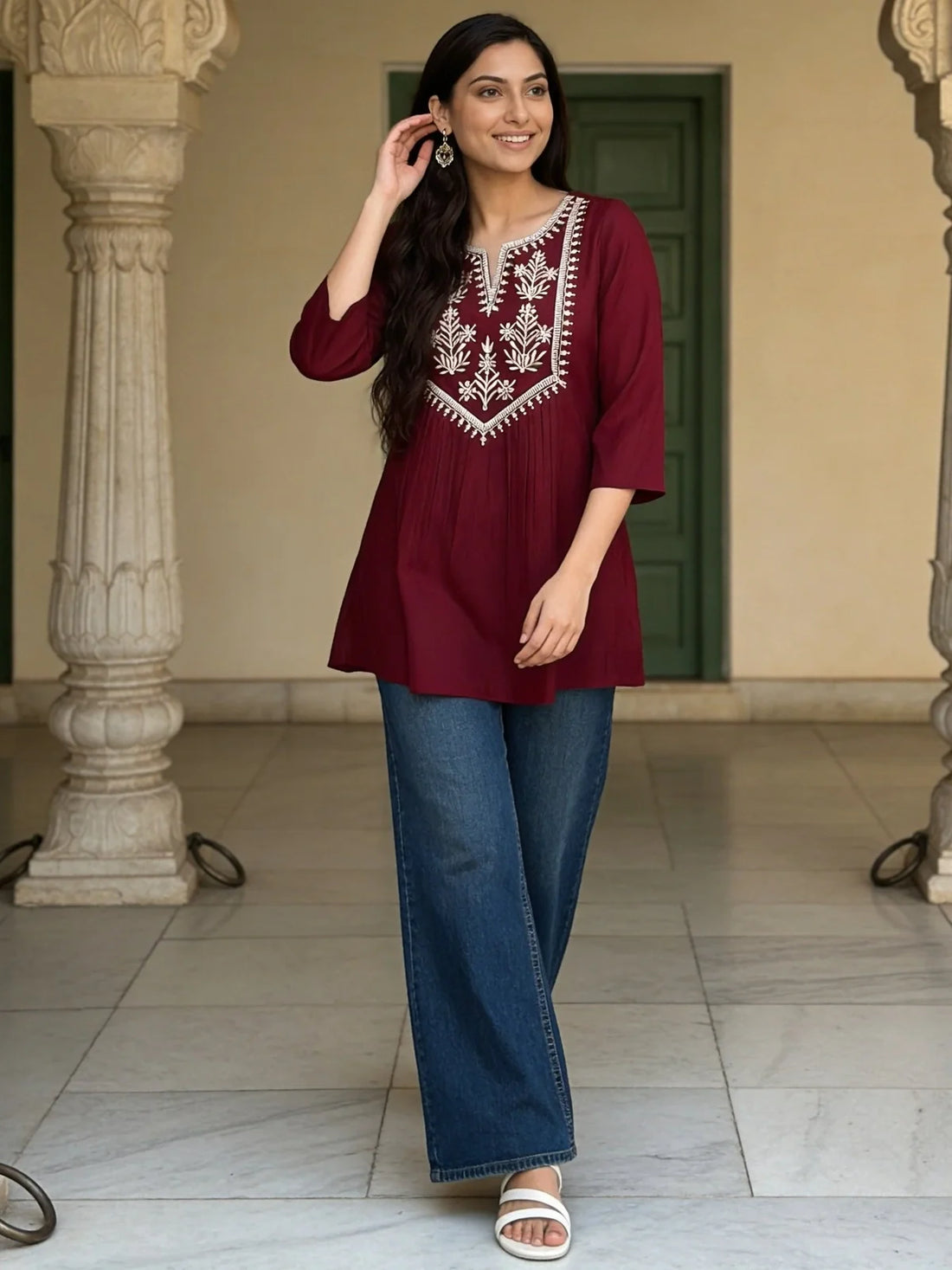 Buy Rayon Embroidered A-Line Short Length Short Kurta-Purple
