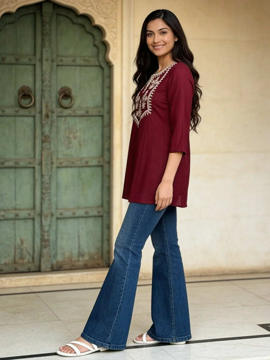 Buy Rayon Embroidered A-Line Short Length Short Kurta-Purple