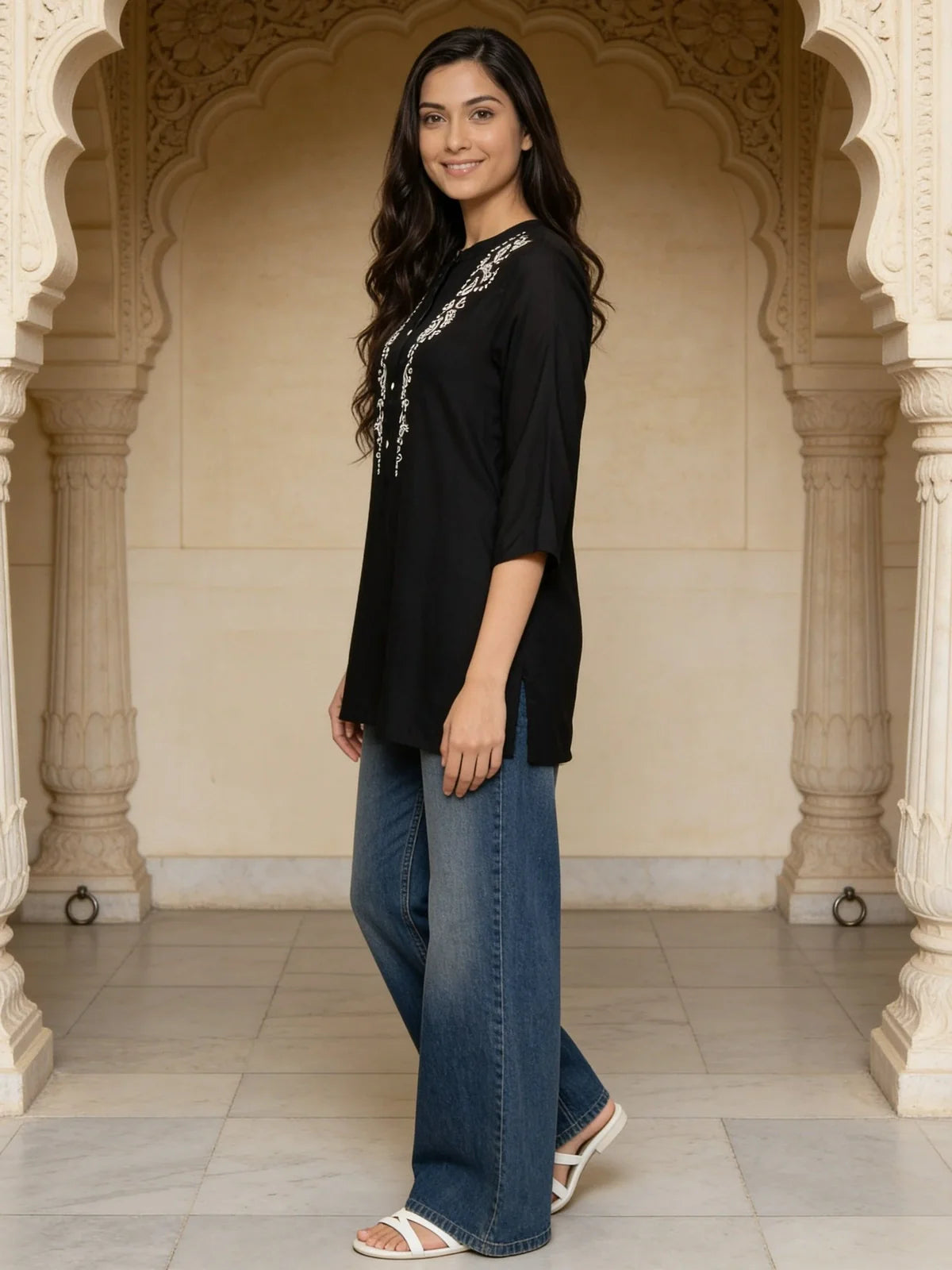 Buy Rayon Embroidered A-Line Short Length Short Kurta-Black