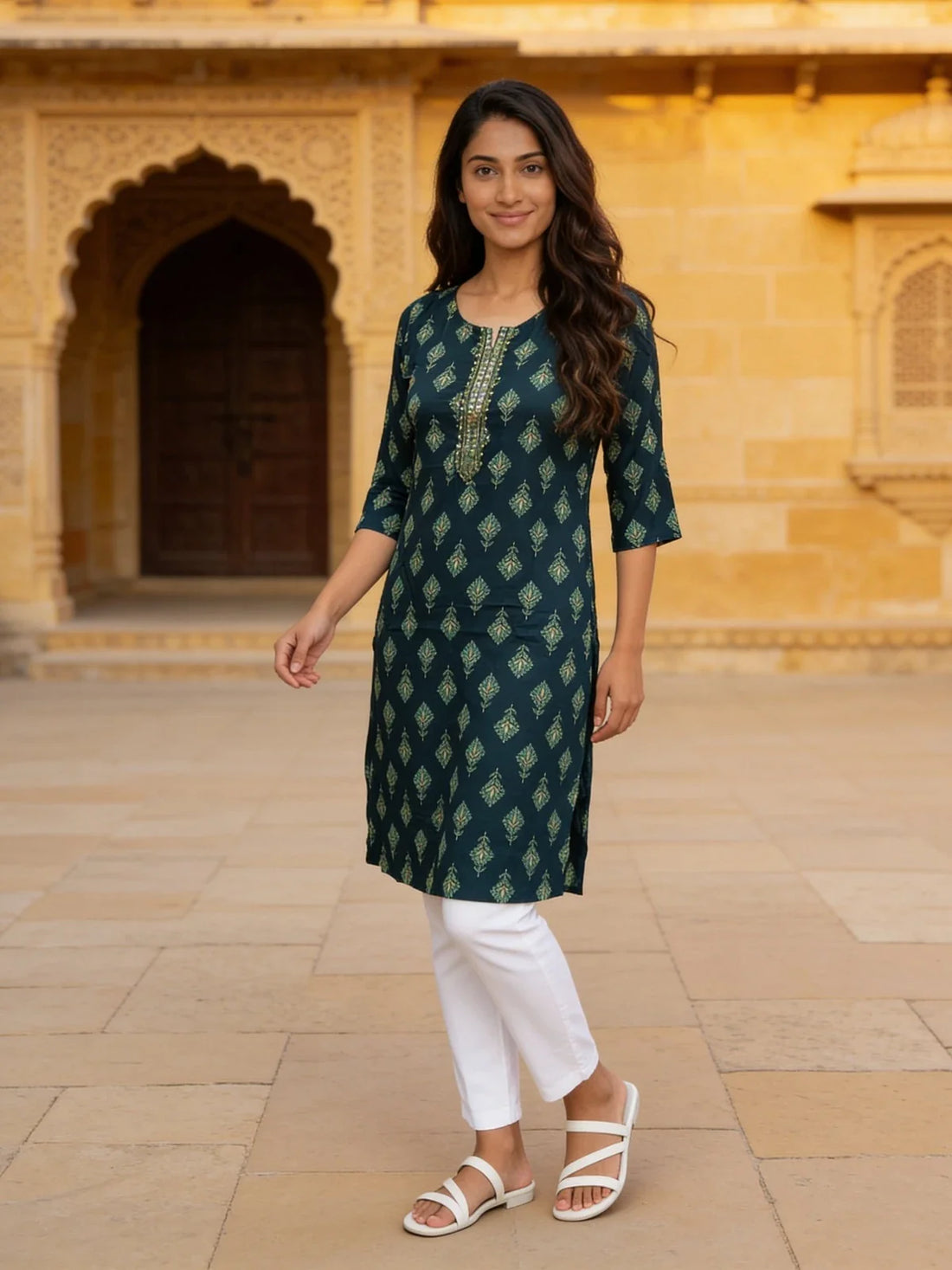 Buy Rayon Embroidered Straight Knee Length Kurta-Teal