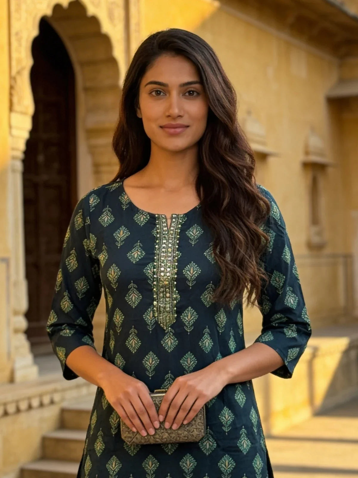 Buy Rayon Embroidered Straight Knee Length Kurta-Teal