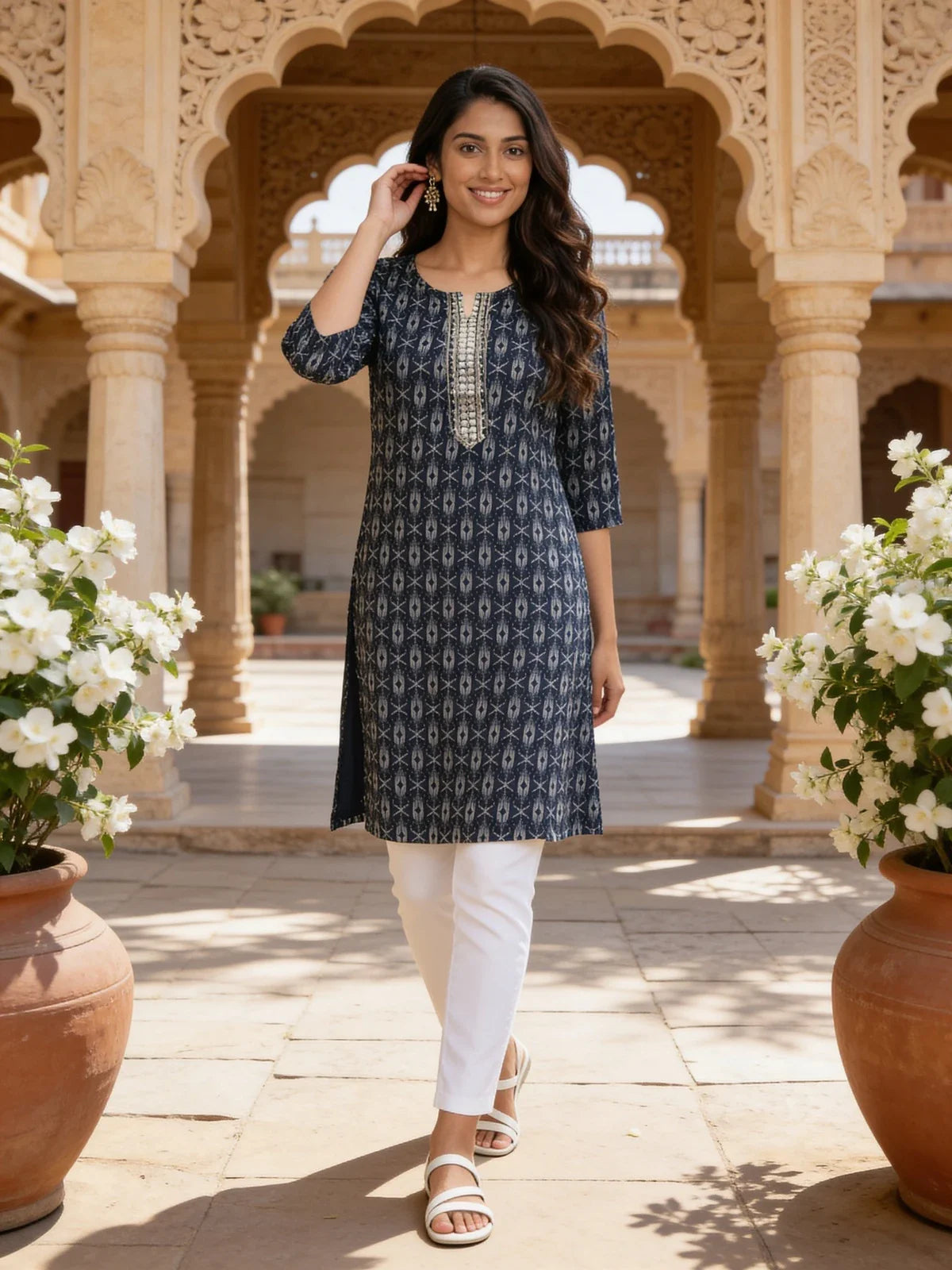 Buy Rayon Embroidered Straight Knee Length Kurta-Blue