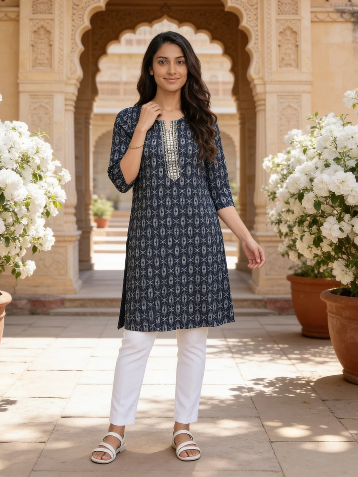 Buy Rayon Embroidered Straight Knee Length Kurta-Blue