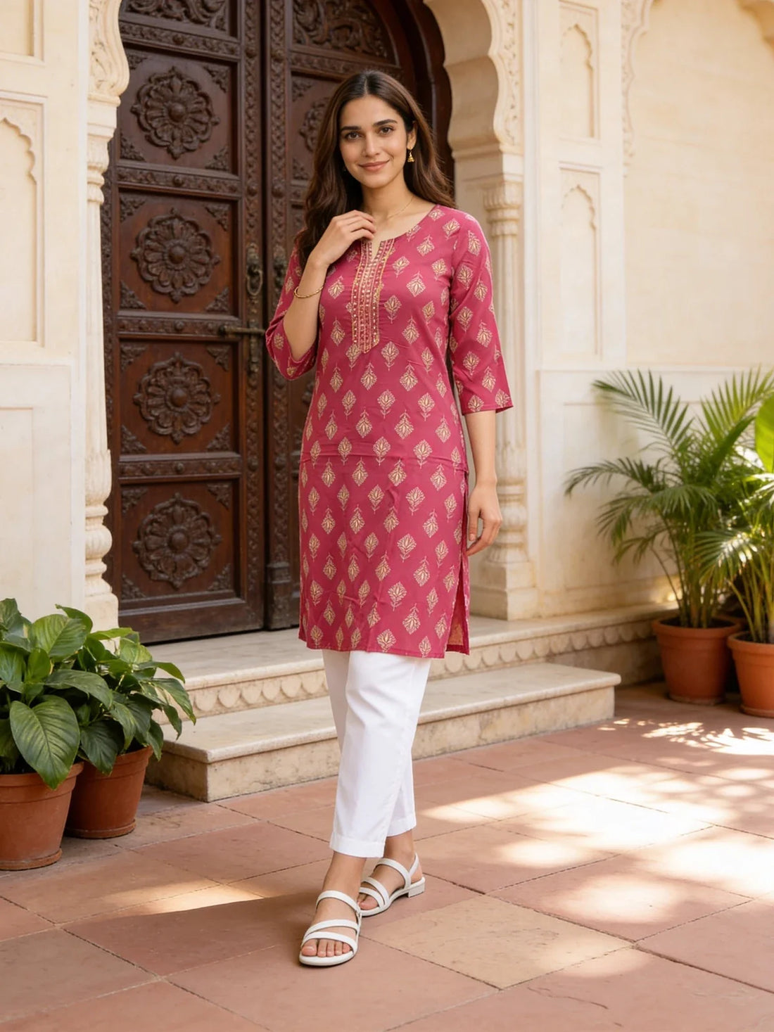 Buy Rayon Embroidered Straight Knee Length Kurta-Pink