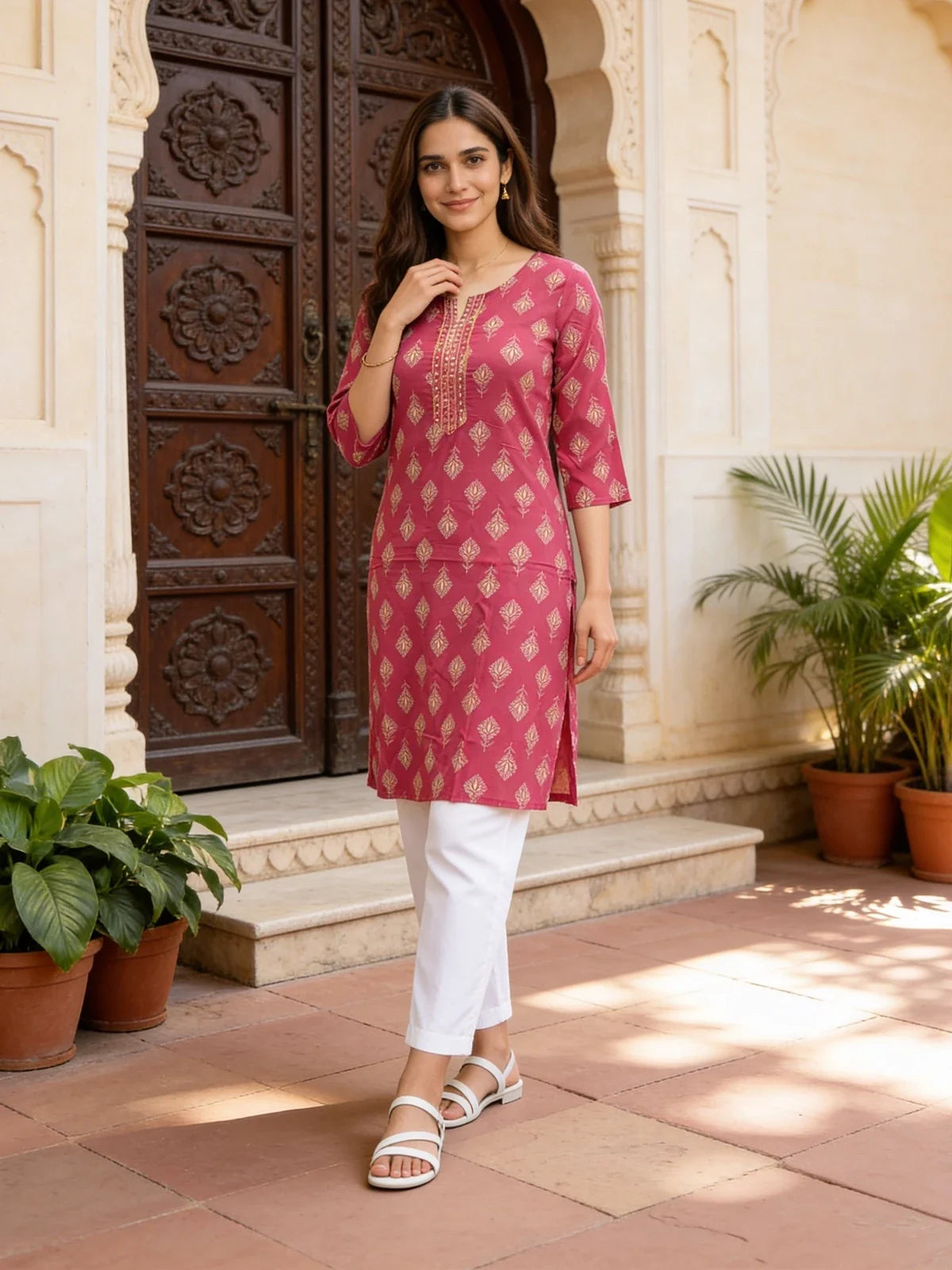 Buy Rayon Embroidered Straight Knee Length Kurta-Pink