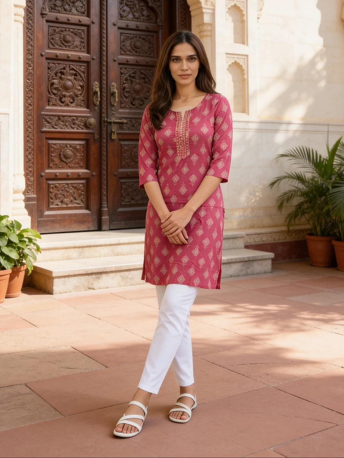 Buy Rayon Embroidered Straight Knee Length Kurta-Pink