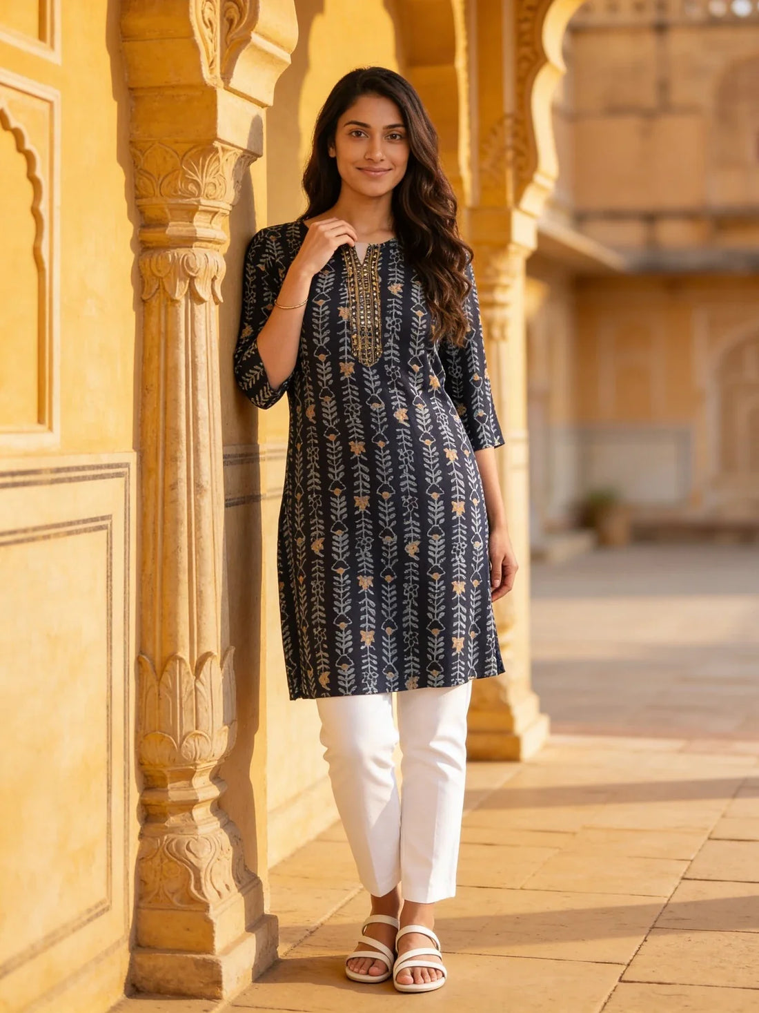 Buy Rayon Embroidered Straight Knee Length Kurta-Blue