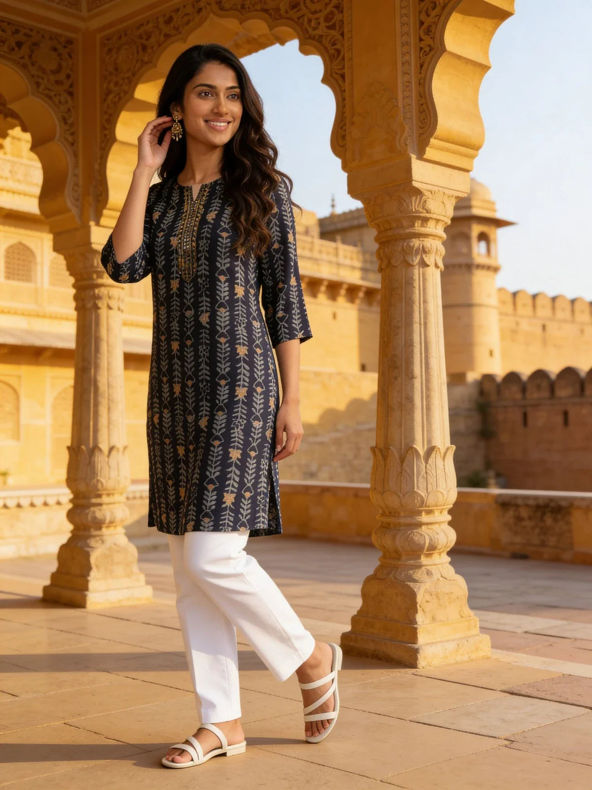 Buy Rayon Embroidered Straight Knee Length Kurta-Blue