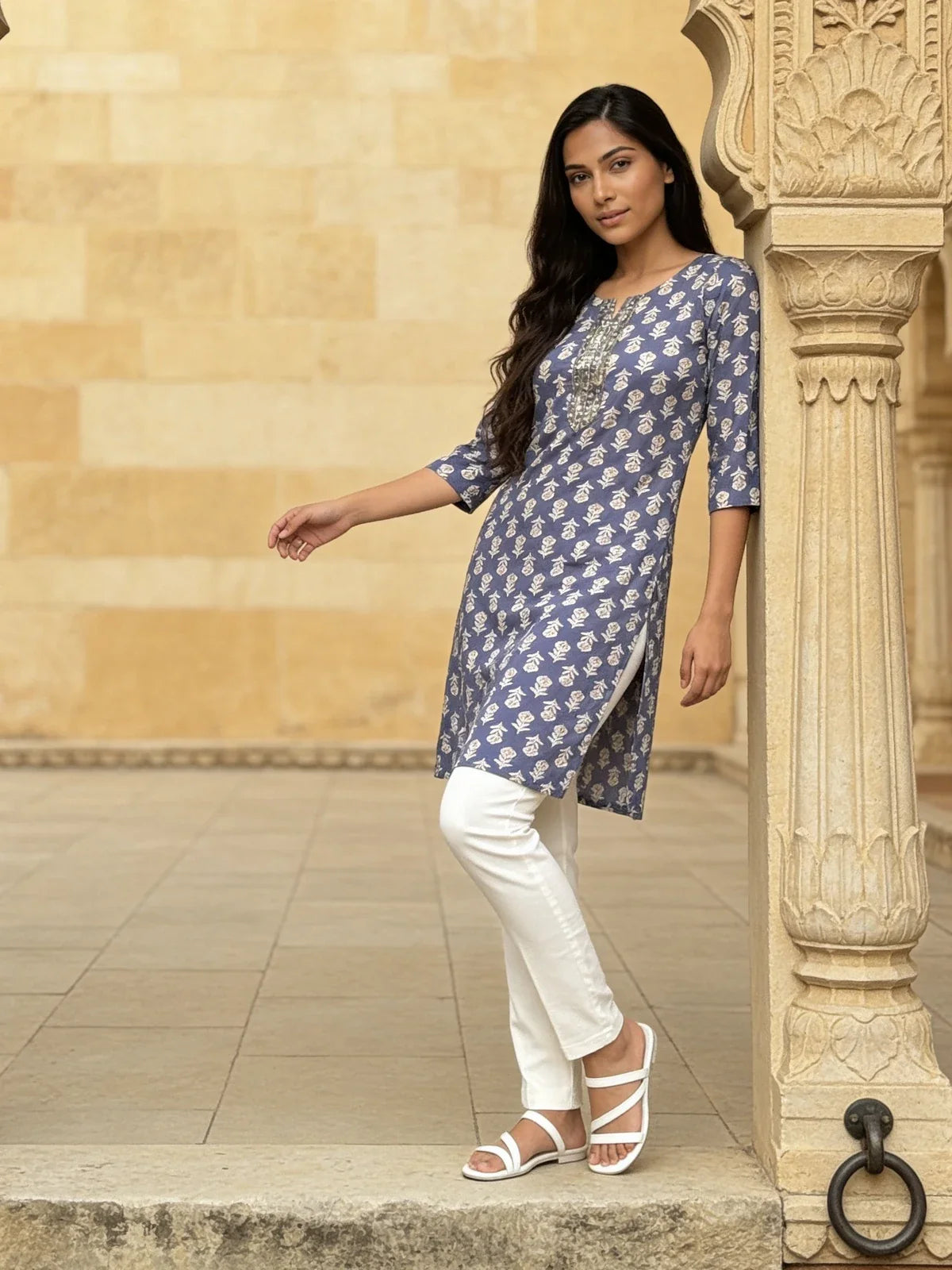 Buy Rayon Embroidered Straight Knee Length Kurta-Grey