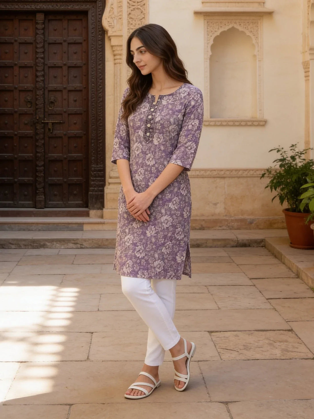 Buy Cotton Embroidered Straight Knee Length Kurta-Purple