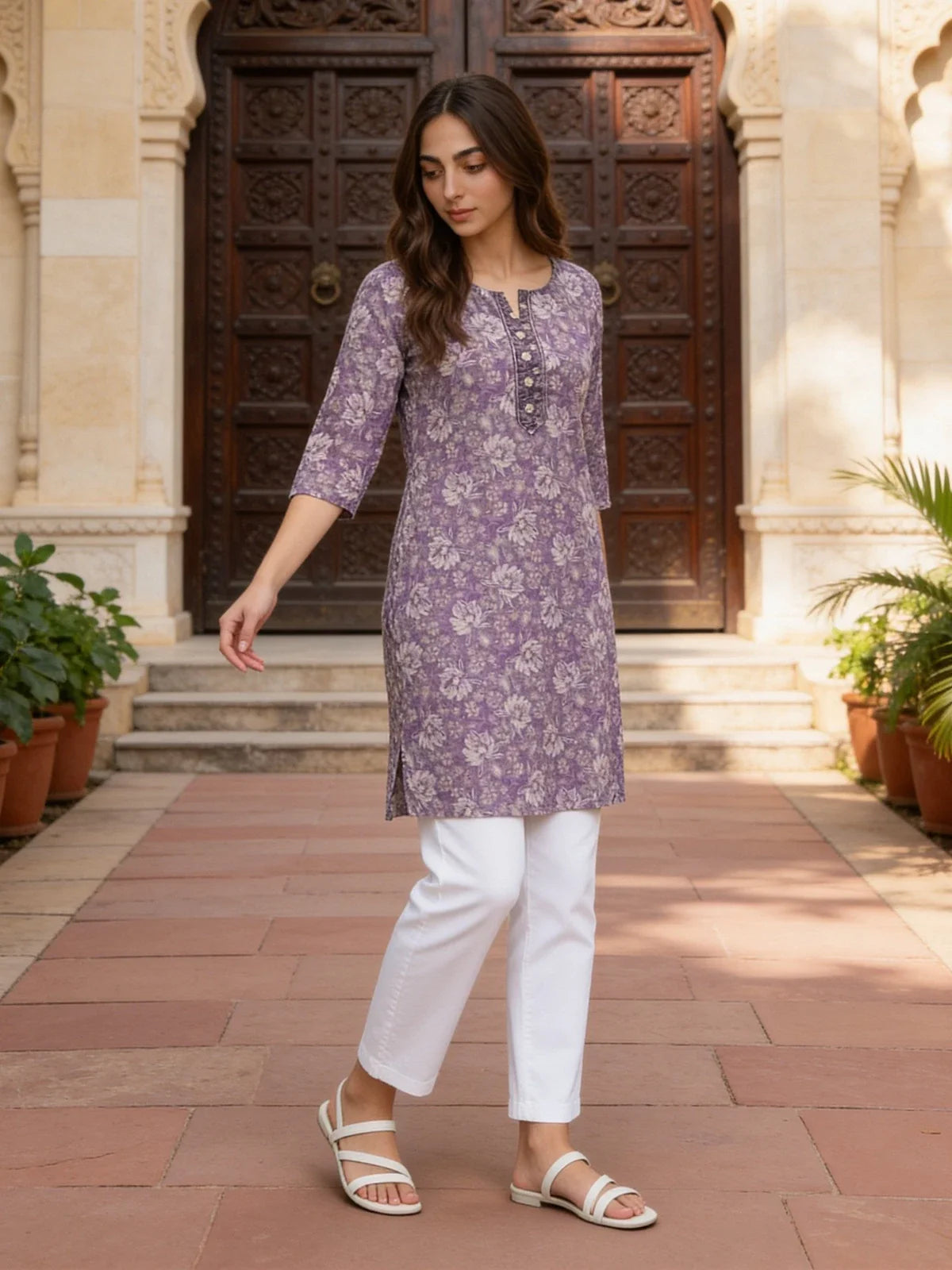 Buy Cotton Embroidered Straight Knee Length Kurta-Purple
