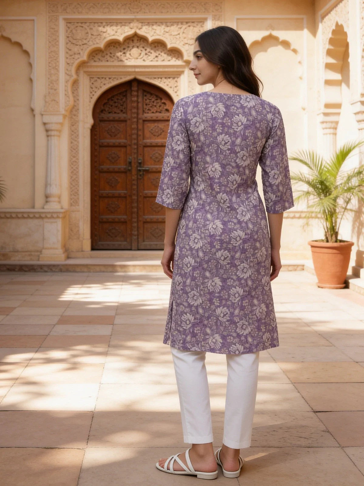 Buy Cotton Embroidered Straight Knee Length Kurta-Purple