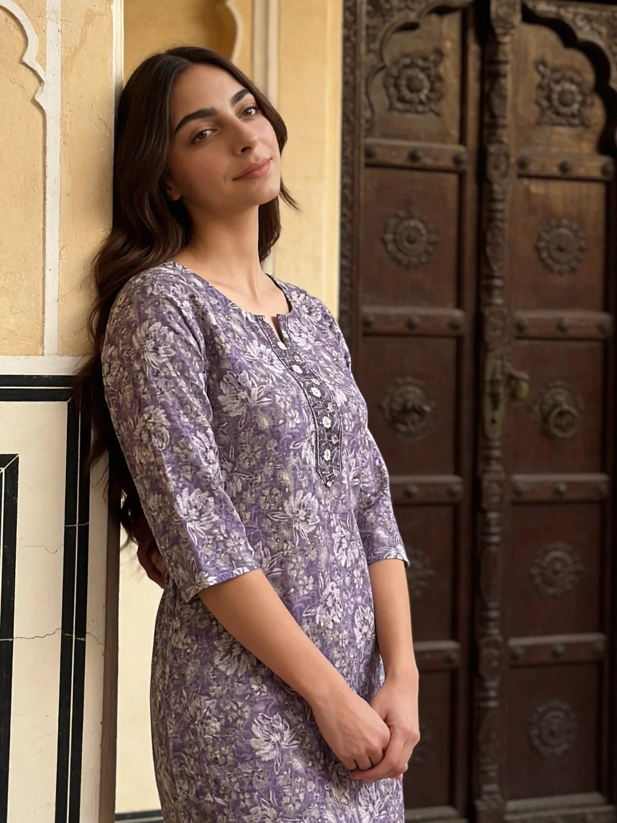 Buy Cotton Embroidered Straight Knee Length Kurta-Purple