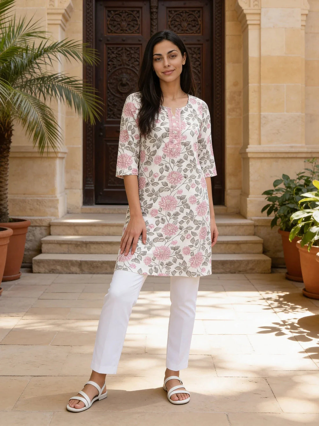 Buy Cotton Embroidered Straight Knee Length Kurta-Pink