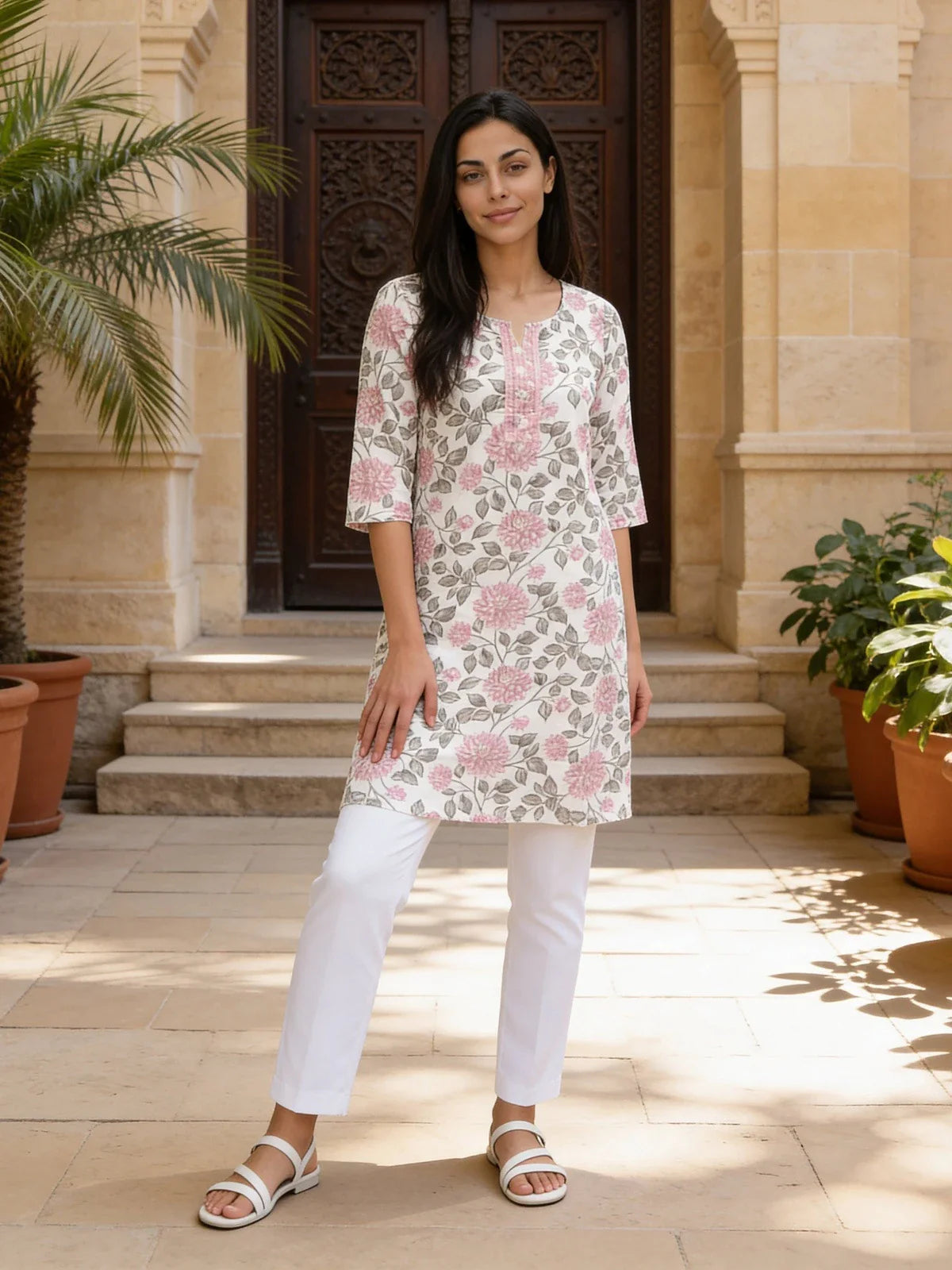 Buy Cotton Embroidered Straight Knee Length Kurta-Pink