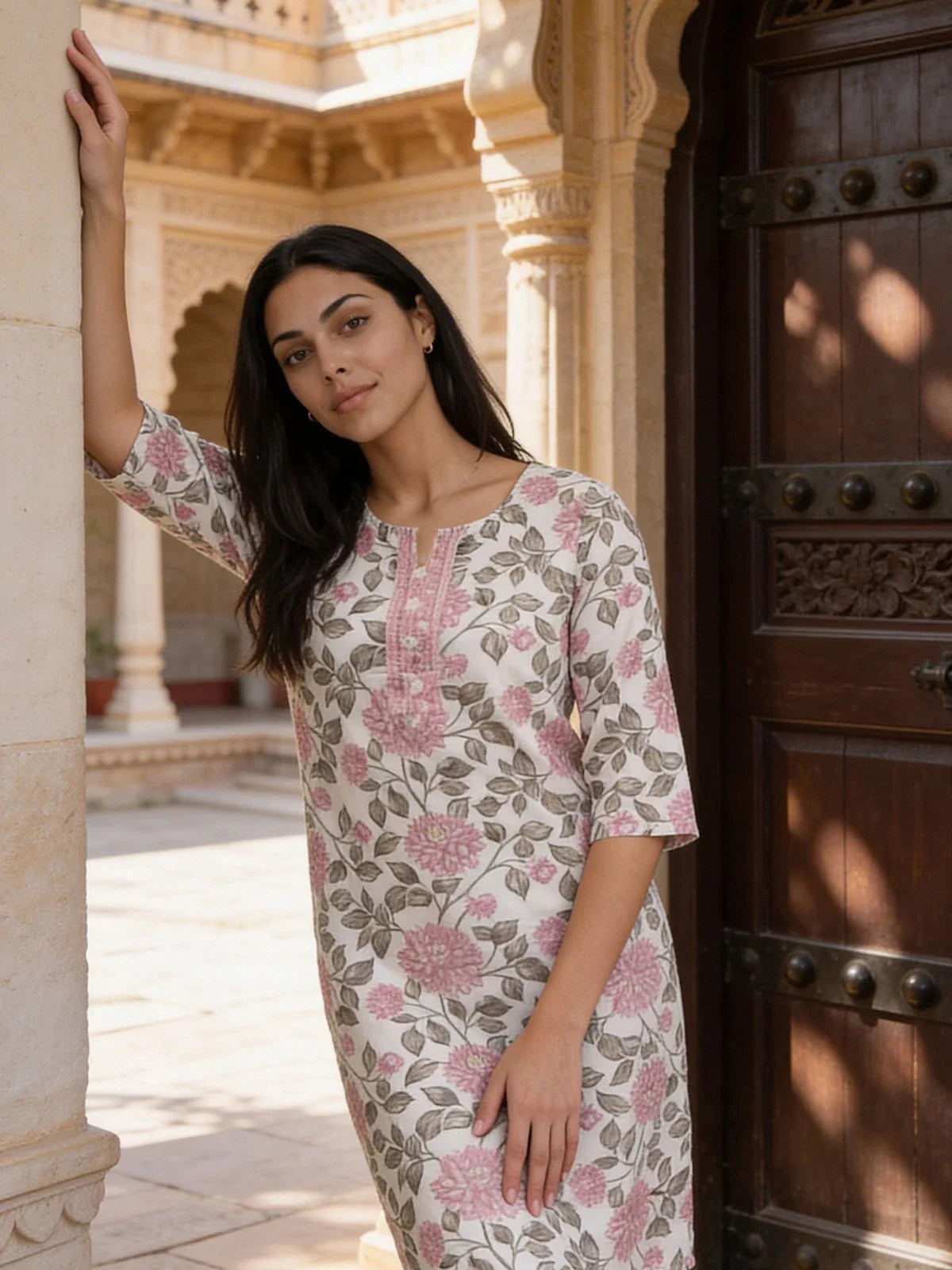 Buy Cotton Embroidered Straight Knee Length Kurta-Pink