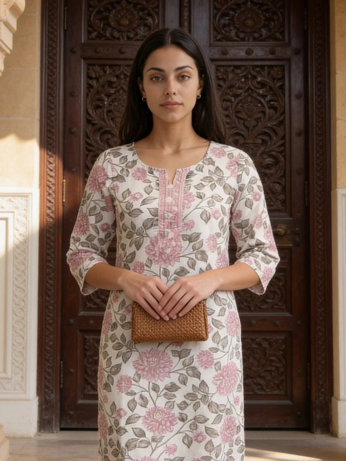 Buy Cotton Embroidered Straight Knee Length Kurta-Pink