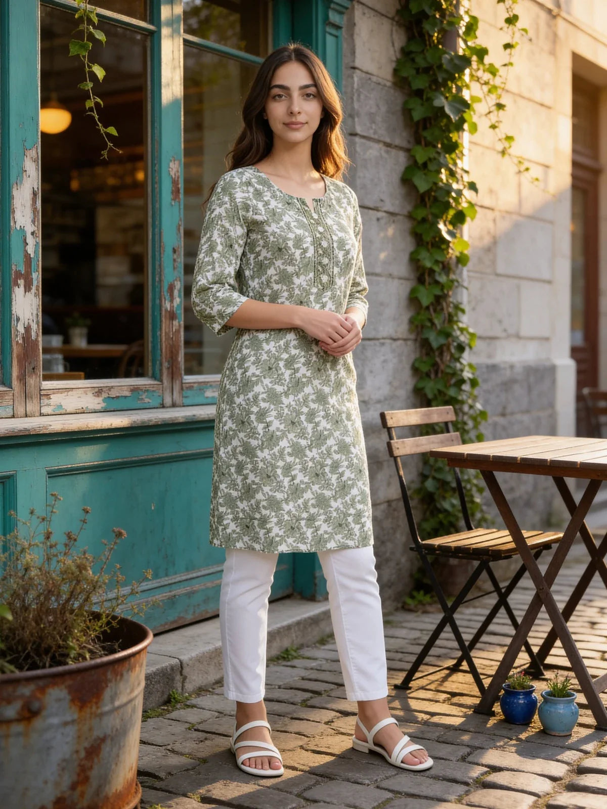 Buy Cotton Embroidered Straight Knee Length Kurta-Green