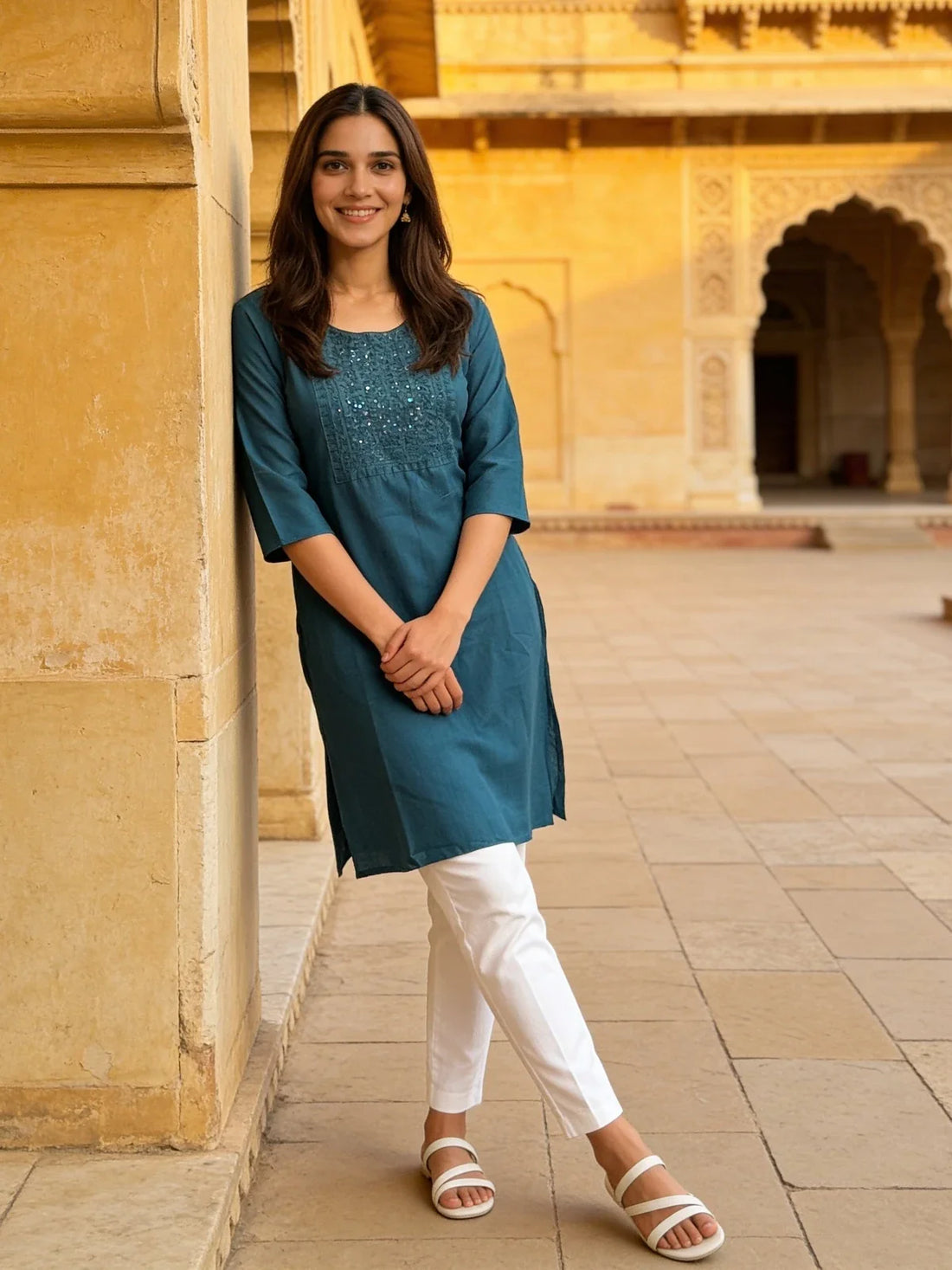 Buy Rayon Embroidered Straight Knee Length Kurta-Teal