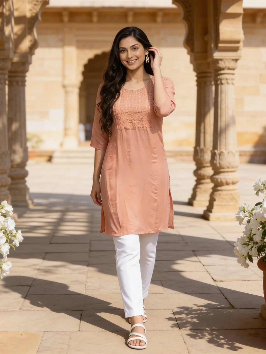 Buy Rayon Embroidered Straight Knee Length Kurta-Peach