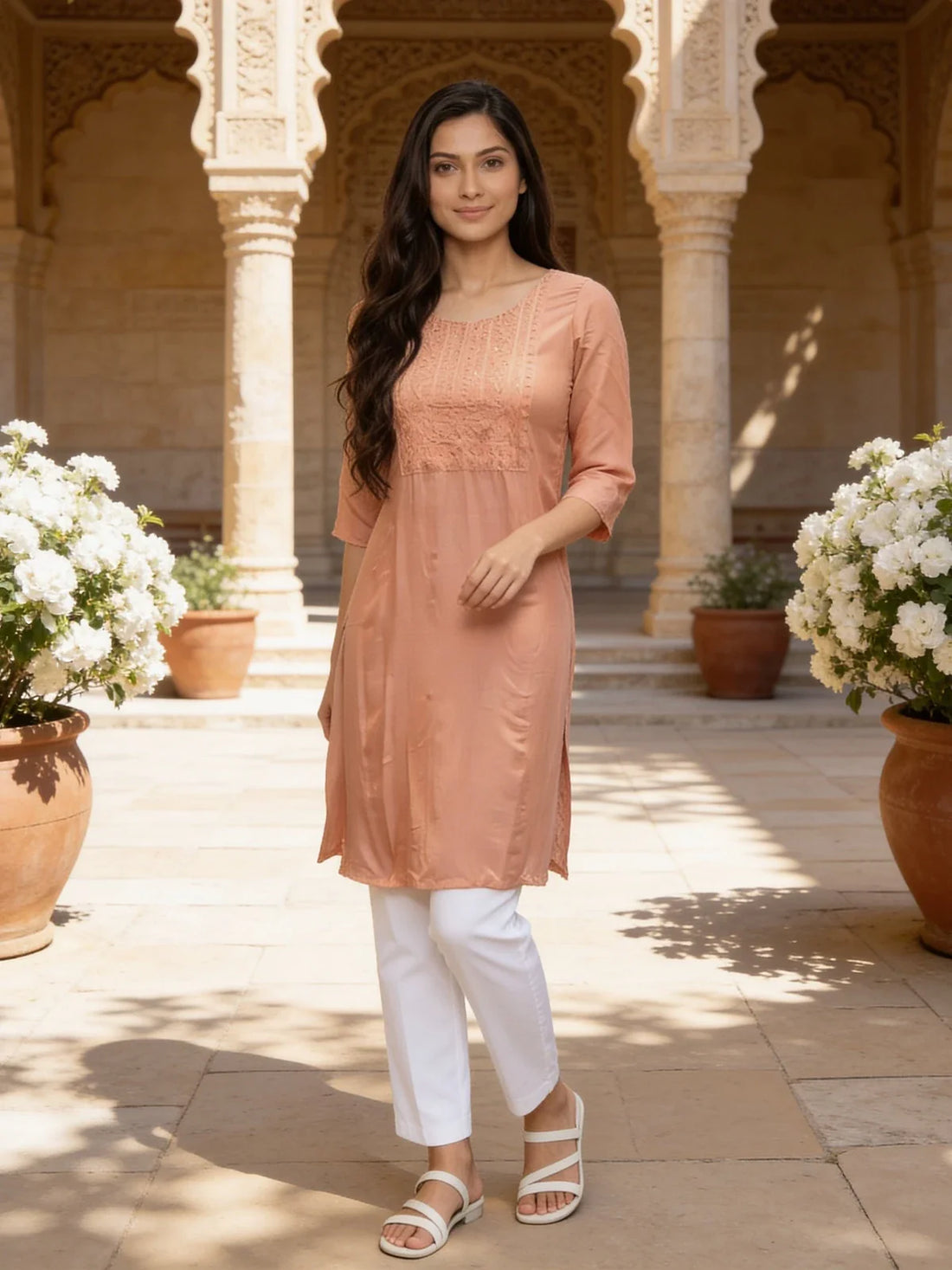 Buy Rayon Embroidered Straight Knee Length Kurta-Peach