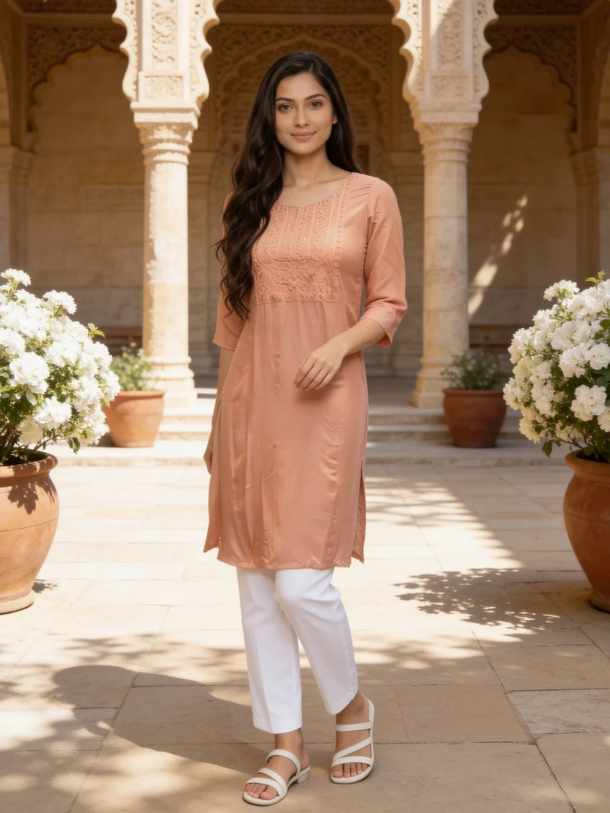 Buy Rayon Embroidered Straight Knee Length Kurta-Peach