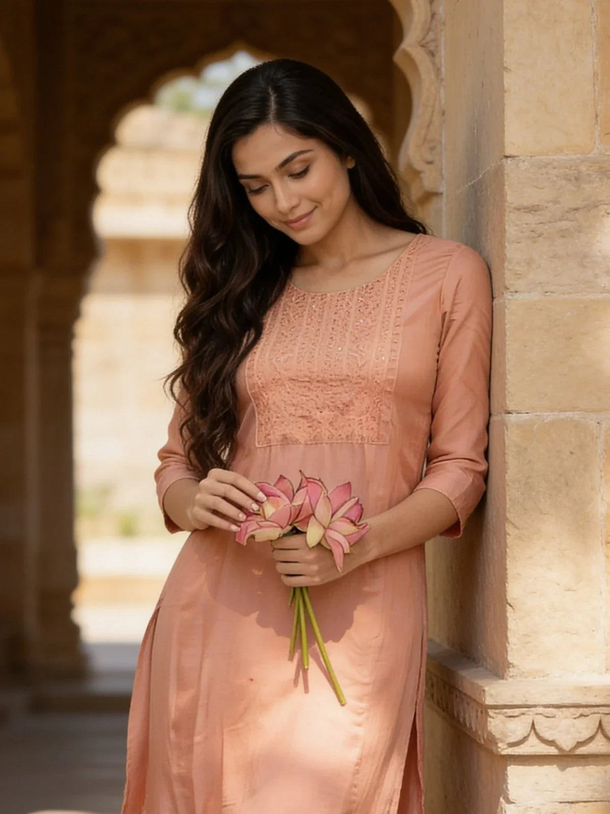 Buy Rayon Embroidered Straight Knee Length Kurta-Peach