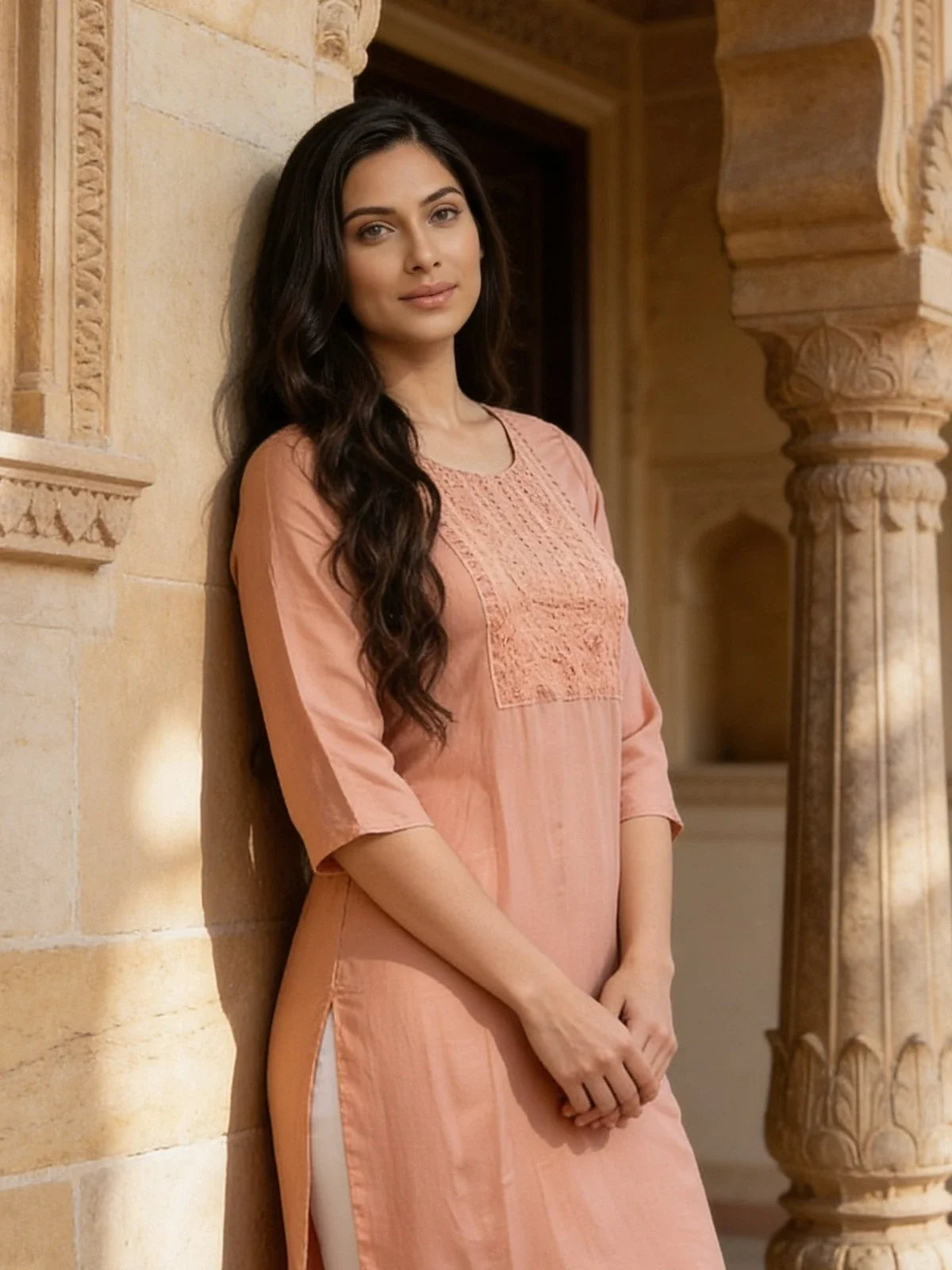 Buy Rayon Embroidered Straight Knee Length Kurta-Peach