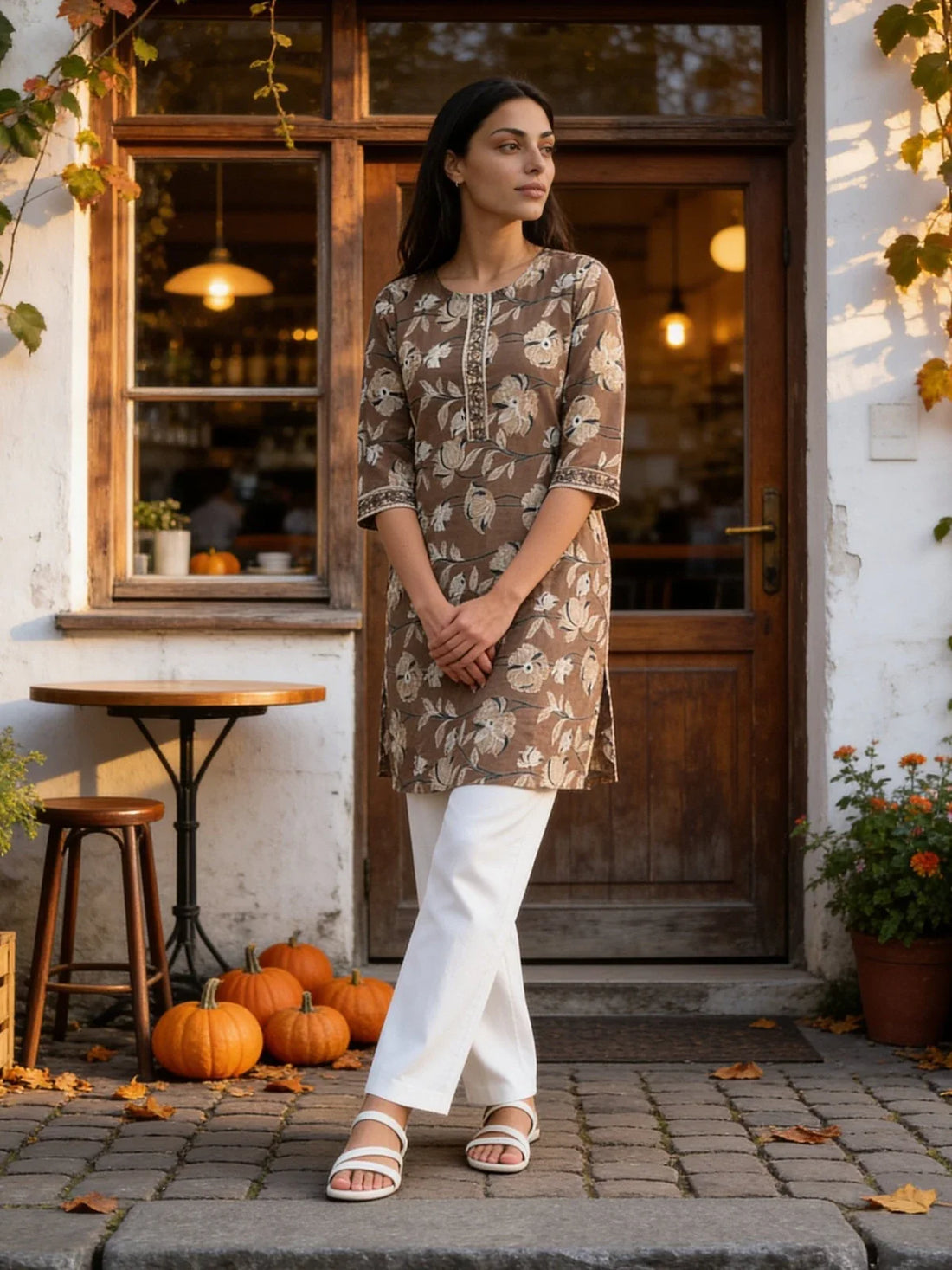 Buy Cotton Embroidered Straight Knee Length Kurta-Brown