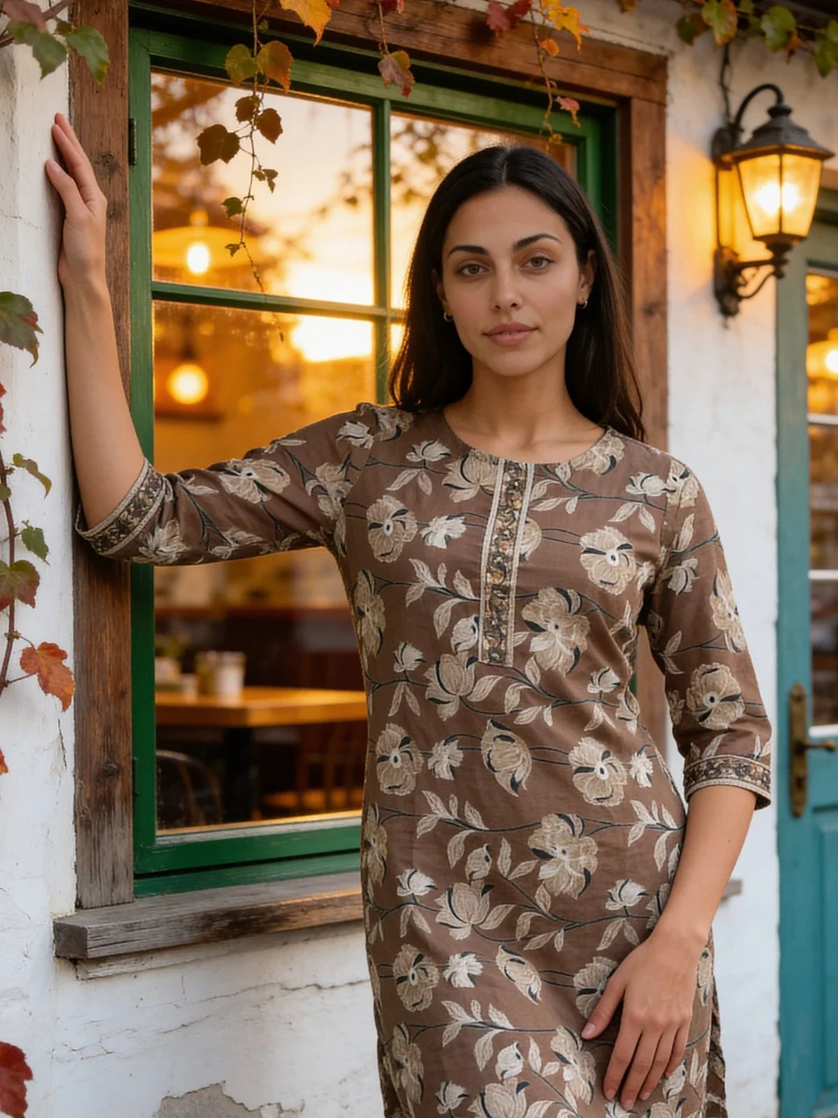 Buy Cotton Embroidered Straight Knee Length Kurta-Brown