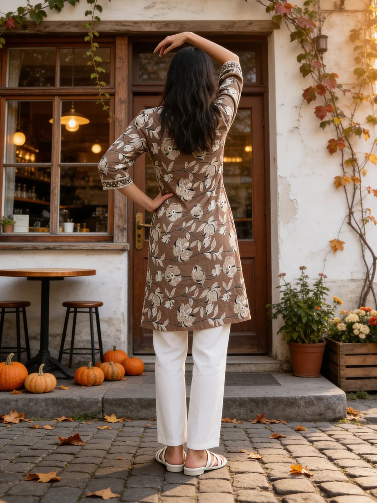 Buy Cotton Embroidered Straight Knee Length Kurta-Brown