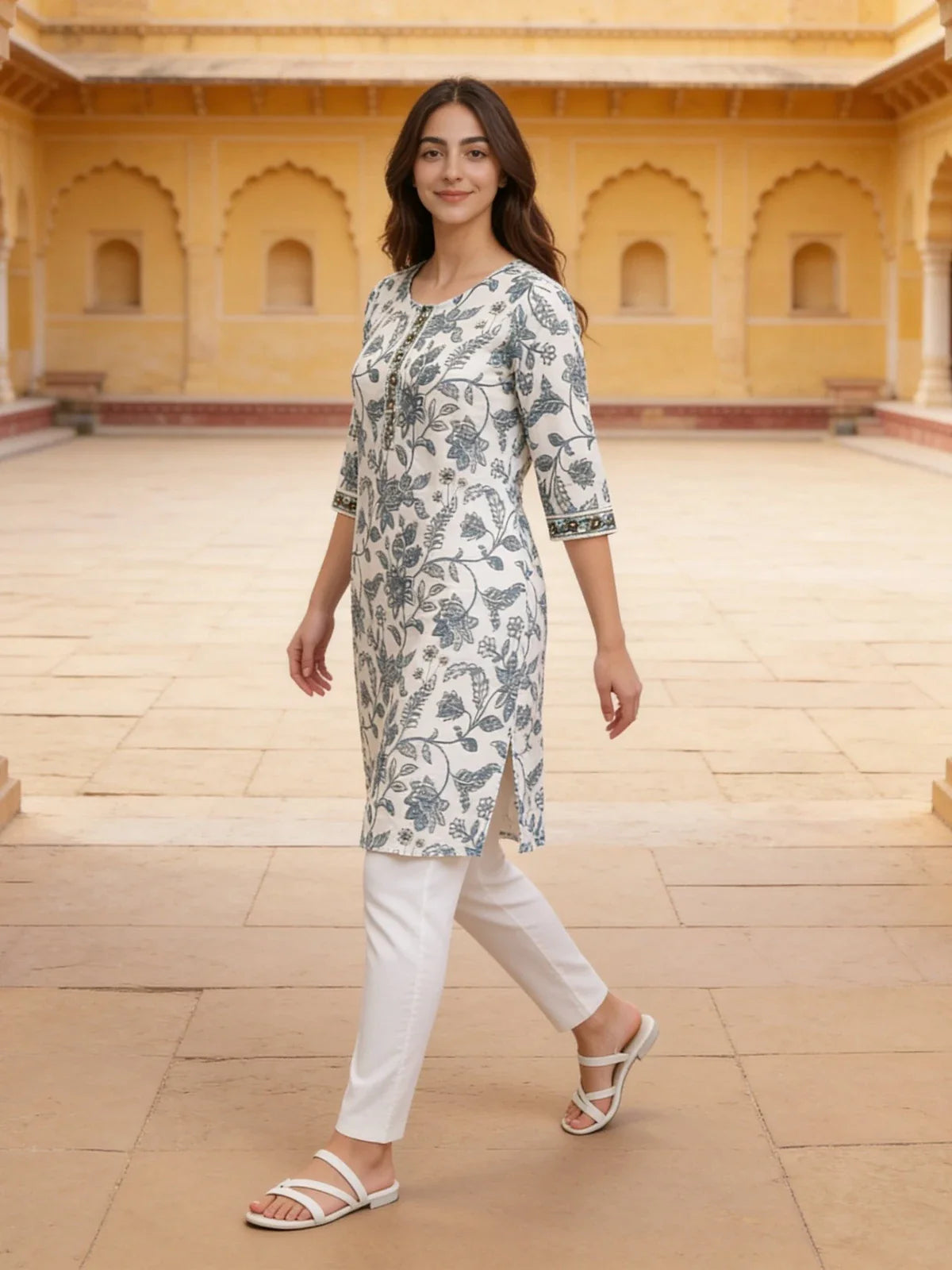 Buy Embroidered Straight Knee Length Kurta-Off White