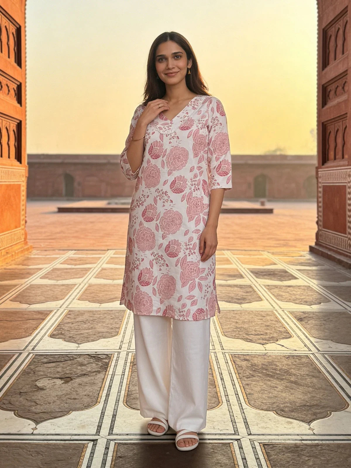Buy Rayon Printed Straight Knee Length Kurta-Pink
