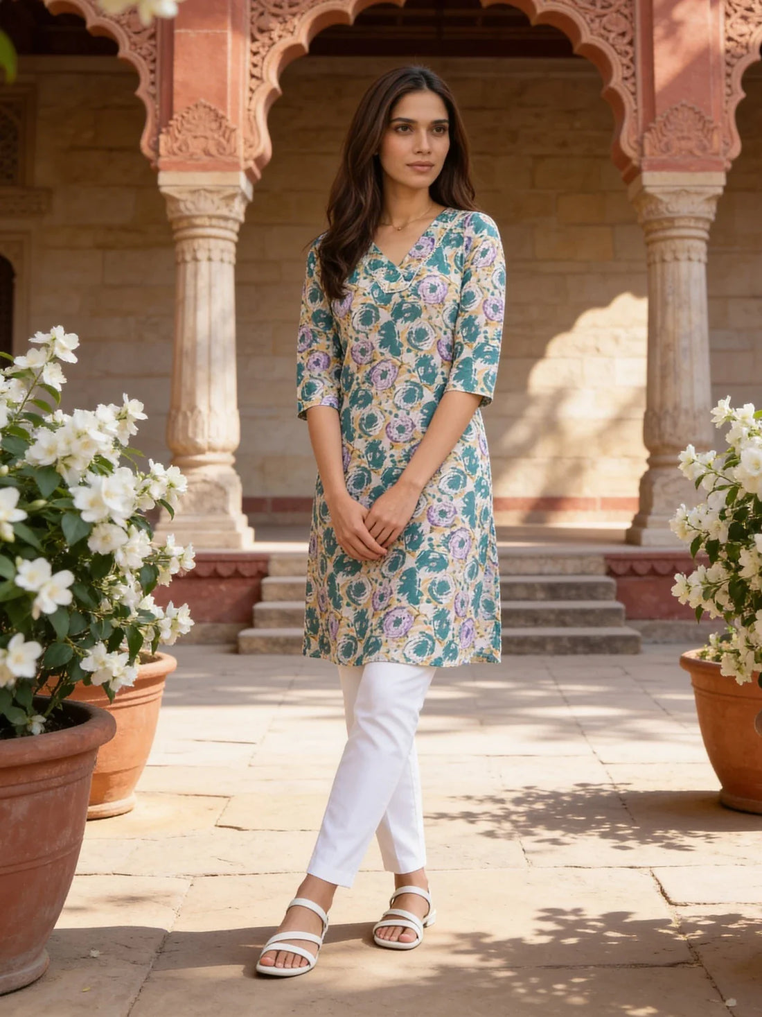 Buy Rayon Printed Straight Knee Length Kurta-Turquoise