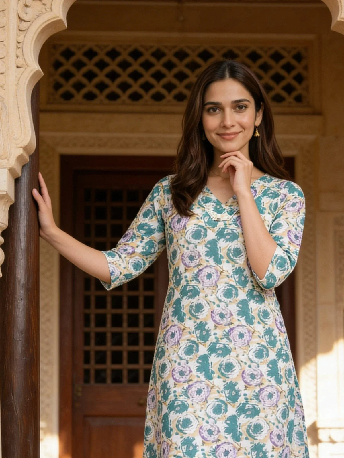 Buy Rayon Printed Straight Knee Length Kurta-Turquoise