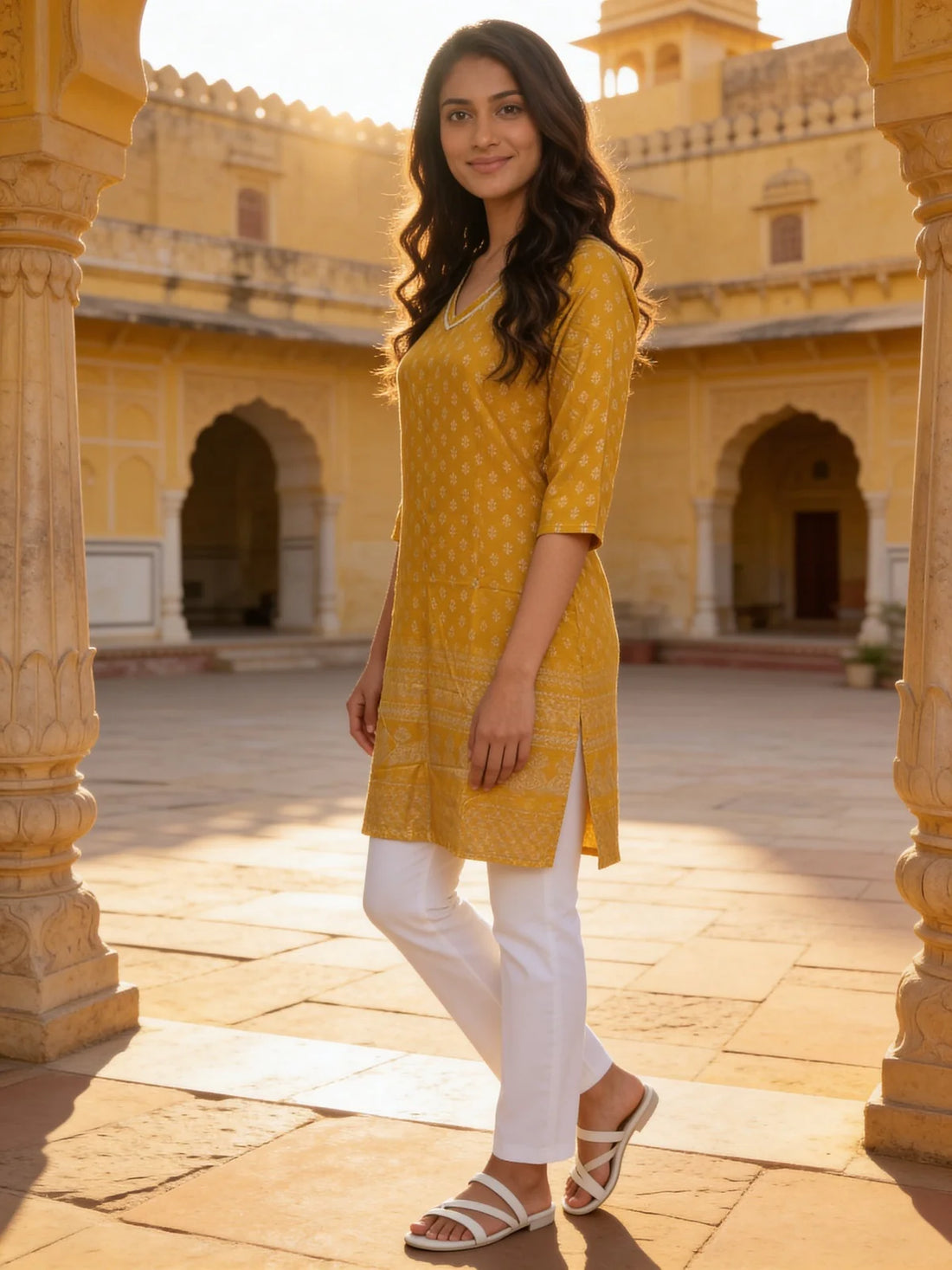 Buy Rayon Printed Straight Knee Length Kurta-Mustard