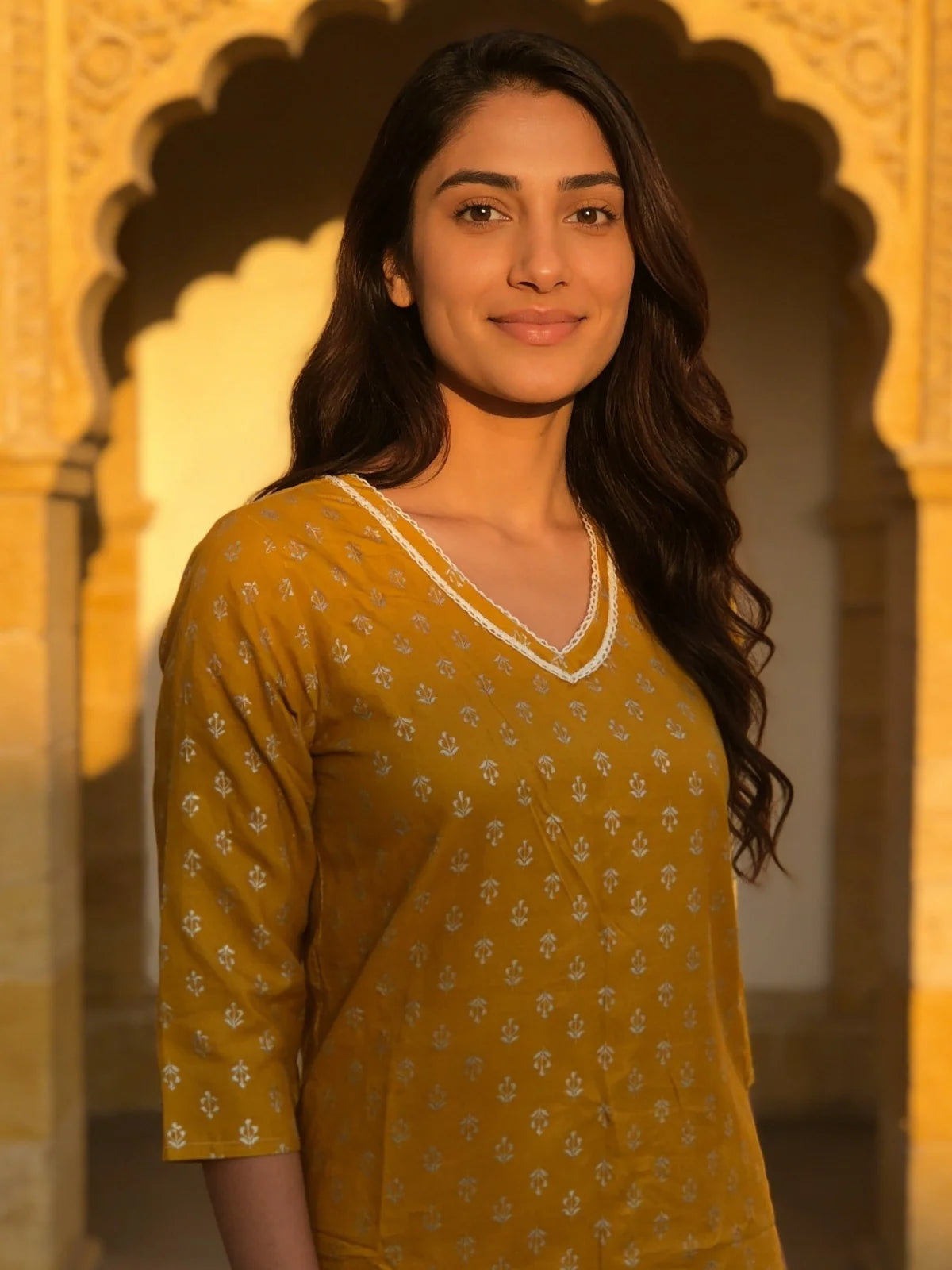 Buy Rayon Printed Straight Knee Length Kurta-Mustard