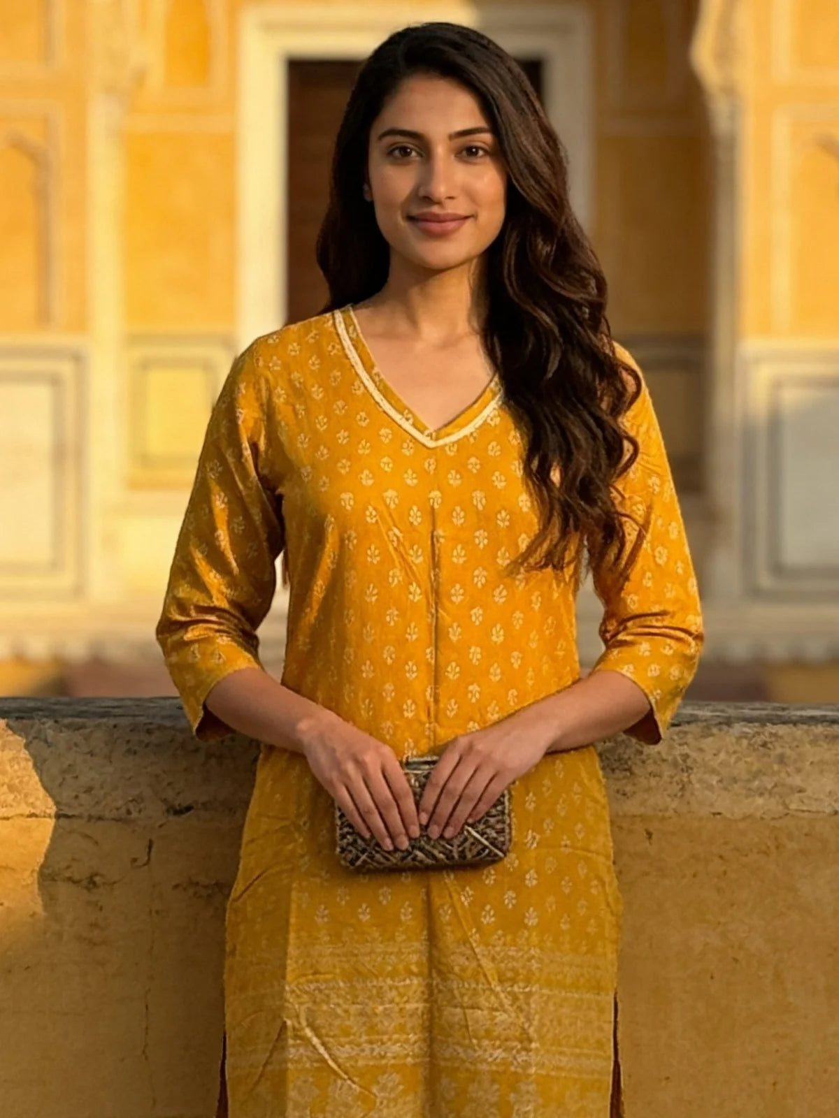 Buy Rayon Printed Straight Knee Length Kurta-Mustard