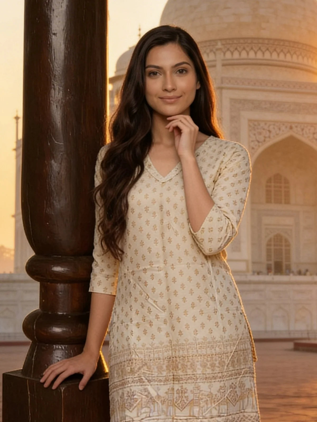 Buy Rayon Printed Straight Knee Length Kurta-Cream