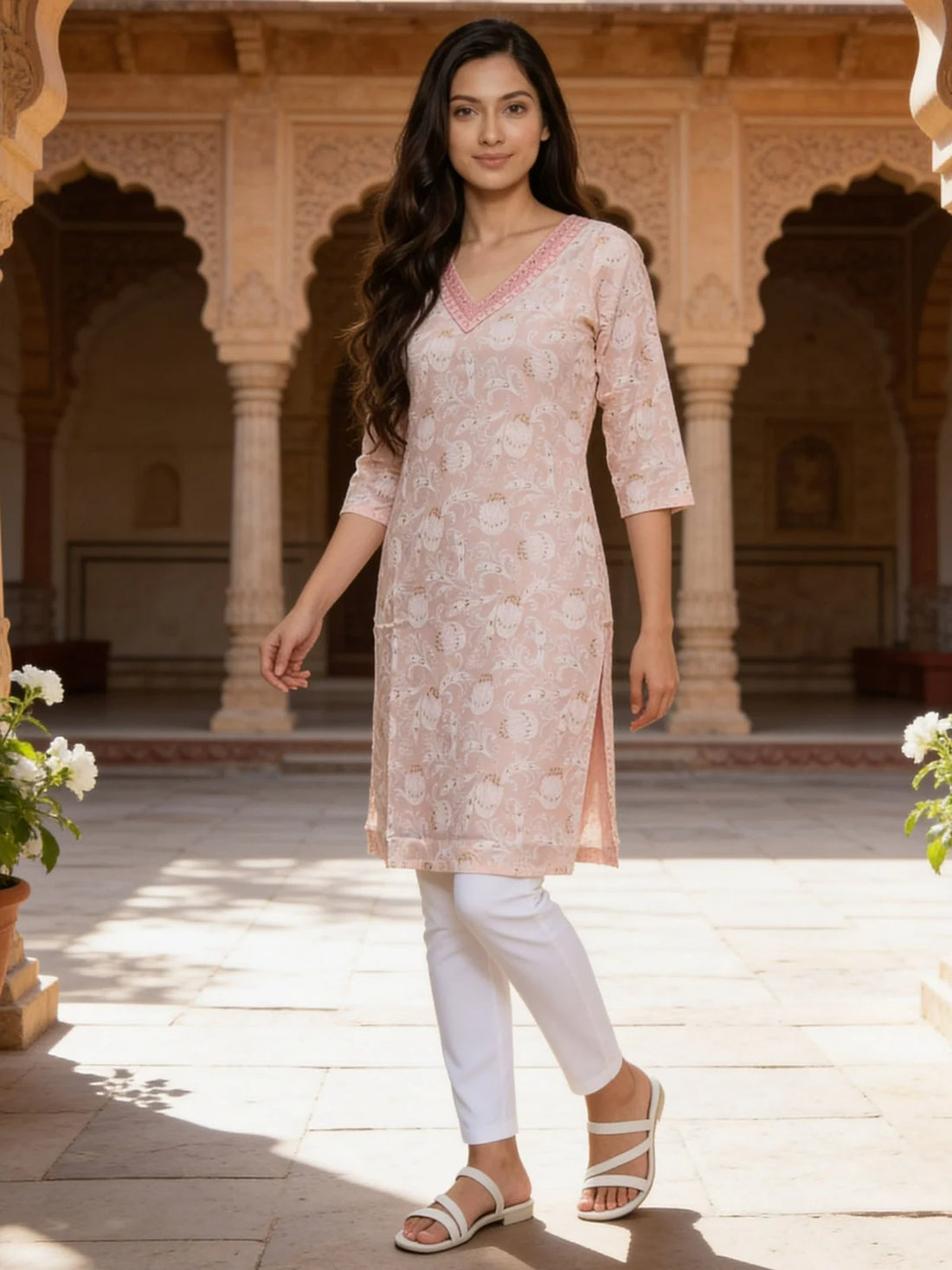 Buy Rayon Embroidered Straight Knee Length Kurta-Peach