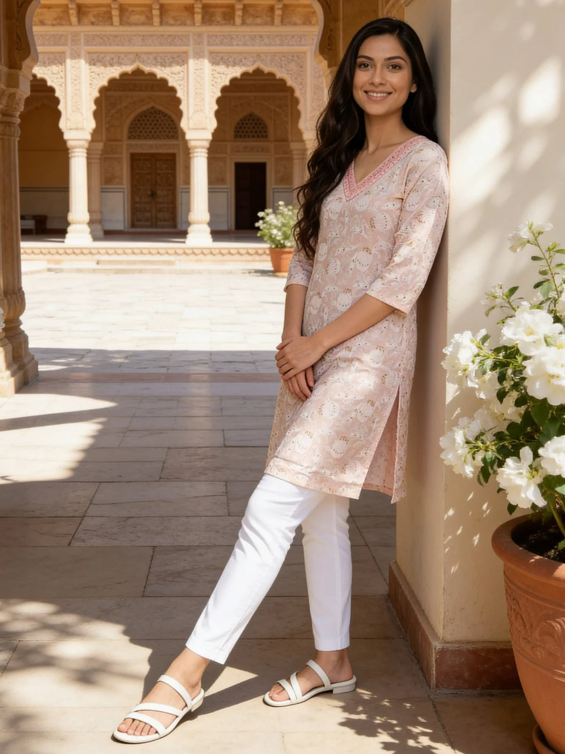 Buy Rayon Embroidered Straight Knee Length Kurta-Peach