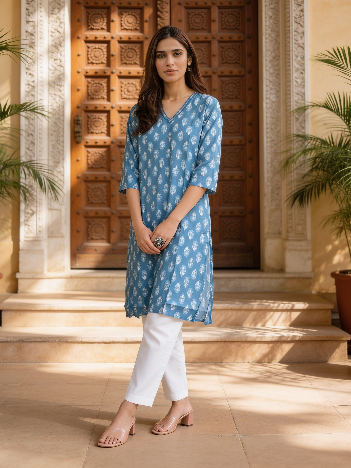 Buy Rayon Printed Straight Knee Length Kurta-Blue