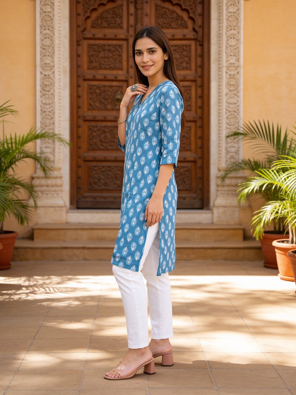 Buy Rayon Printed Straight Knee Length Kurta-Blue