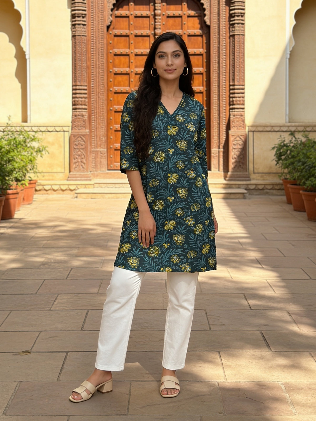 Buy Rayon Printed Straight Knee Length Kurta-Green