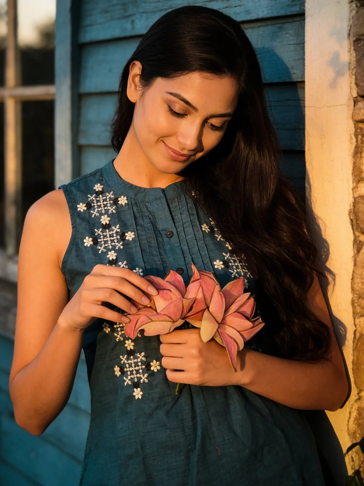 Buy Cotton Embroidered A-line Short Length Short Kurta-Teal