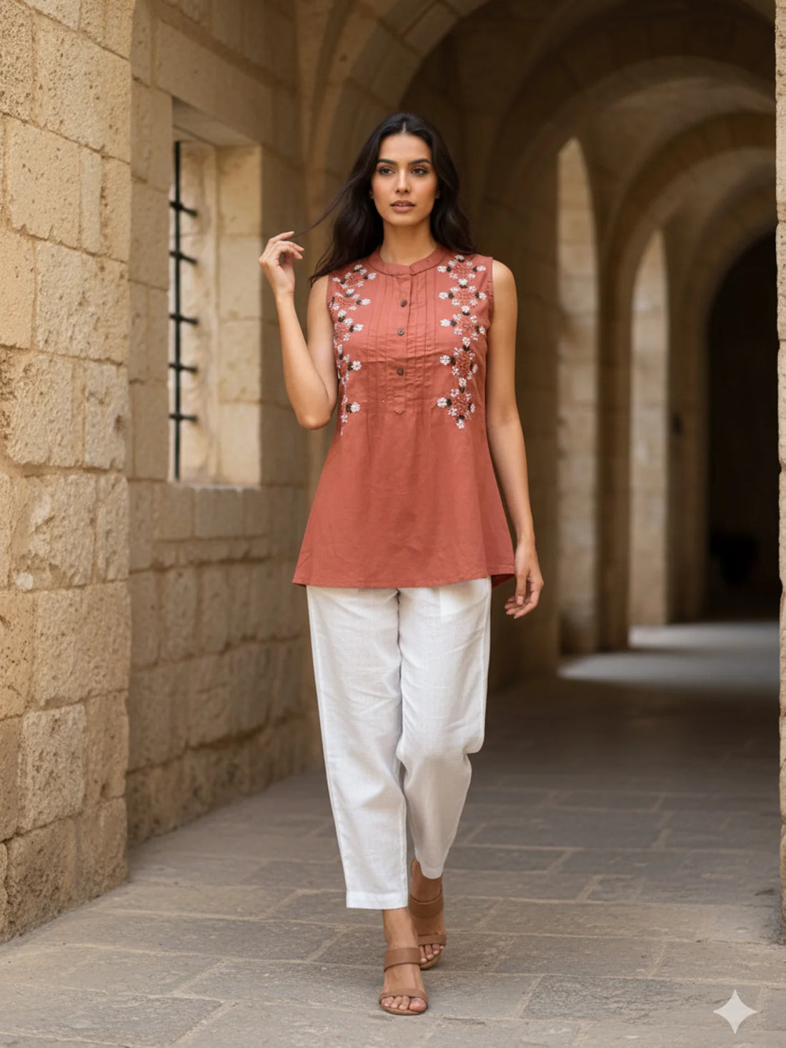 Buy Cotton Embroidered A-Line Short Length Short Kurta-Rust