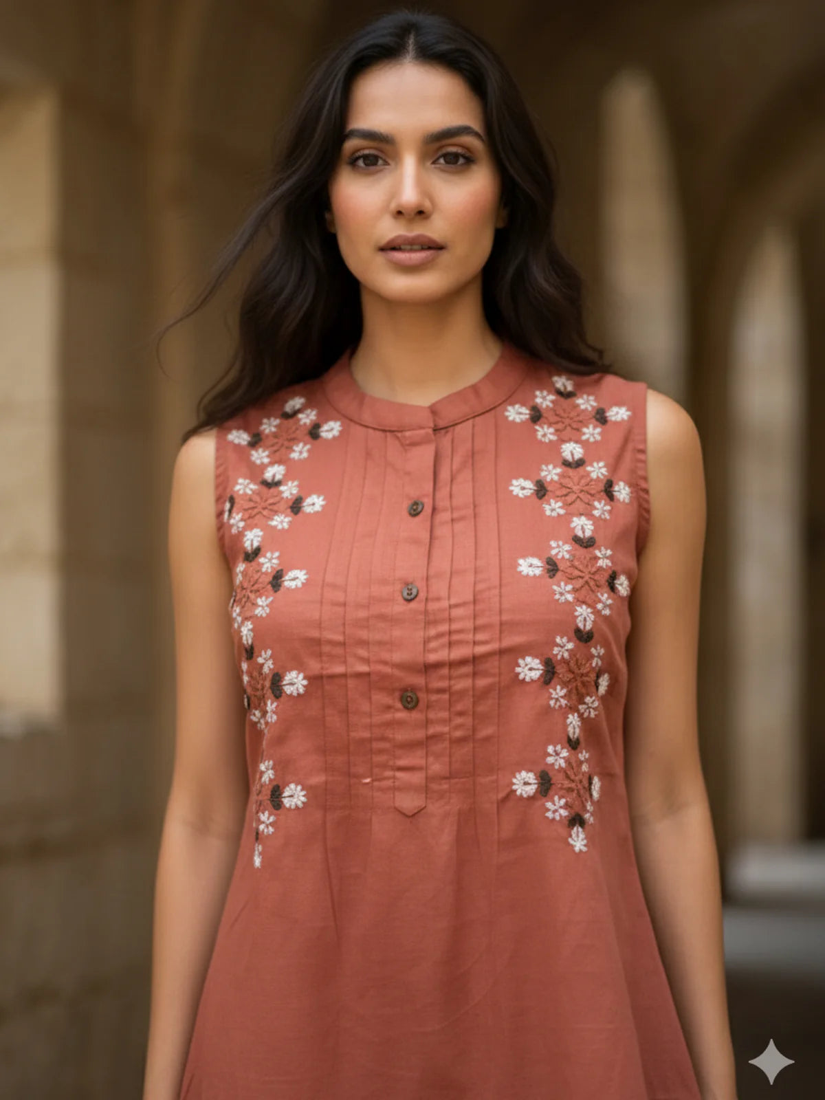 Buy Cotton Embroidered A-Line Short Length Short Kurta-Rust