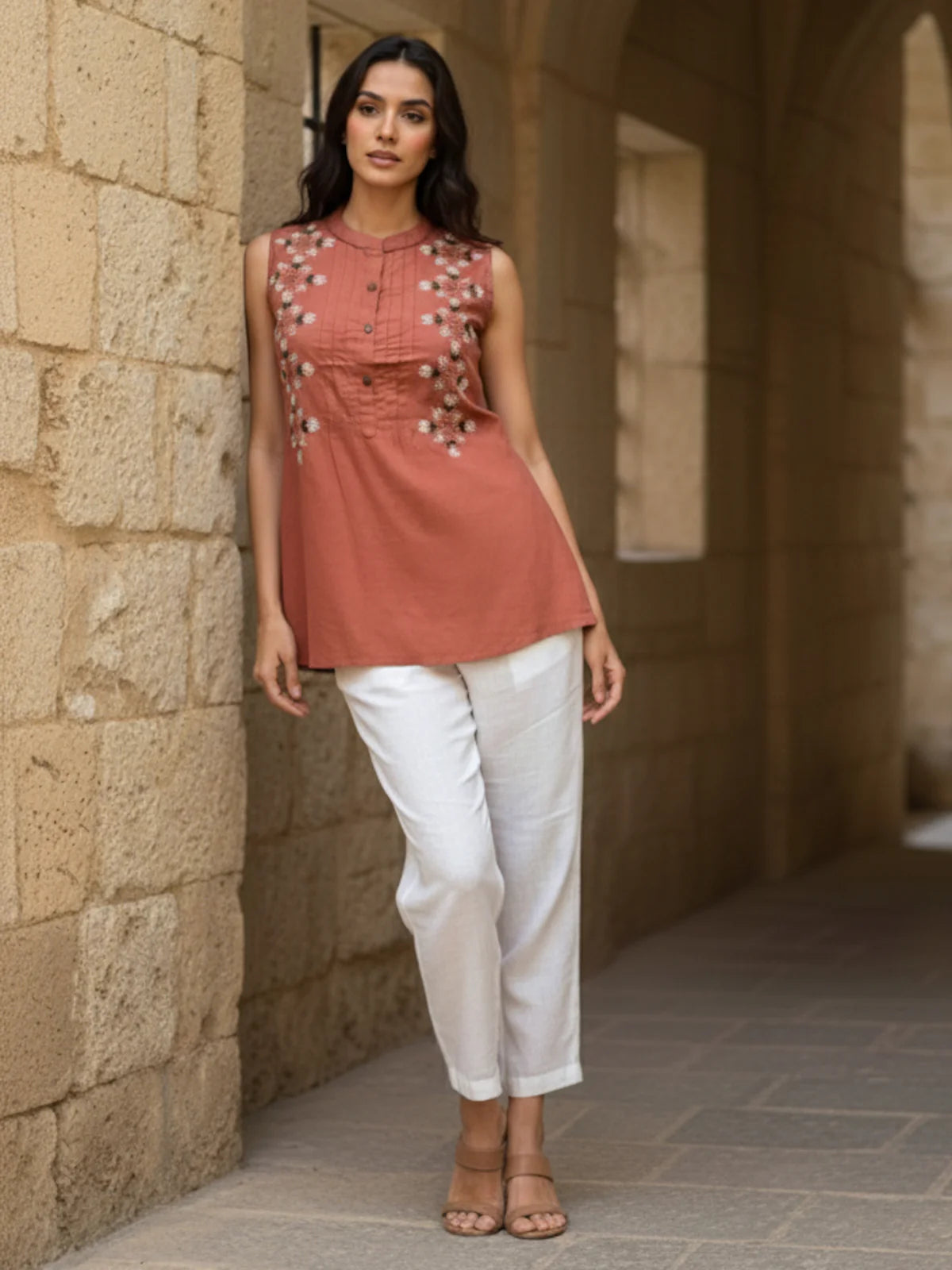 Buy Cotton Embroidered A-Line Short Length Short Kurta-Rust