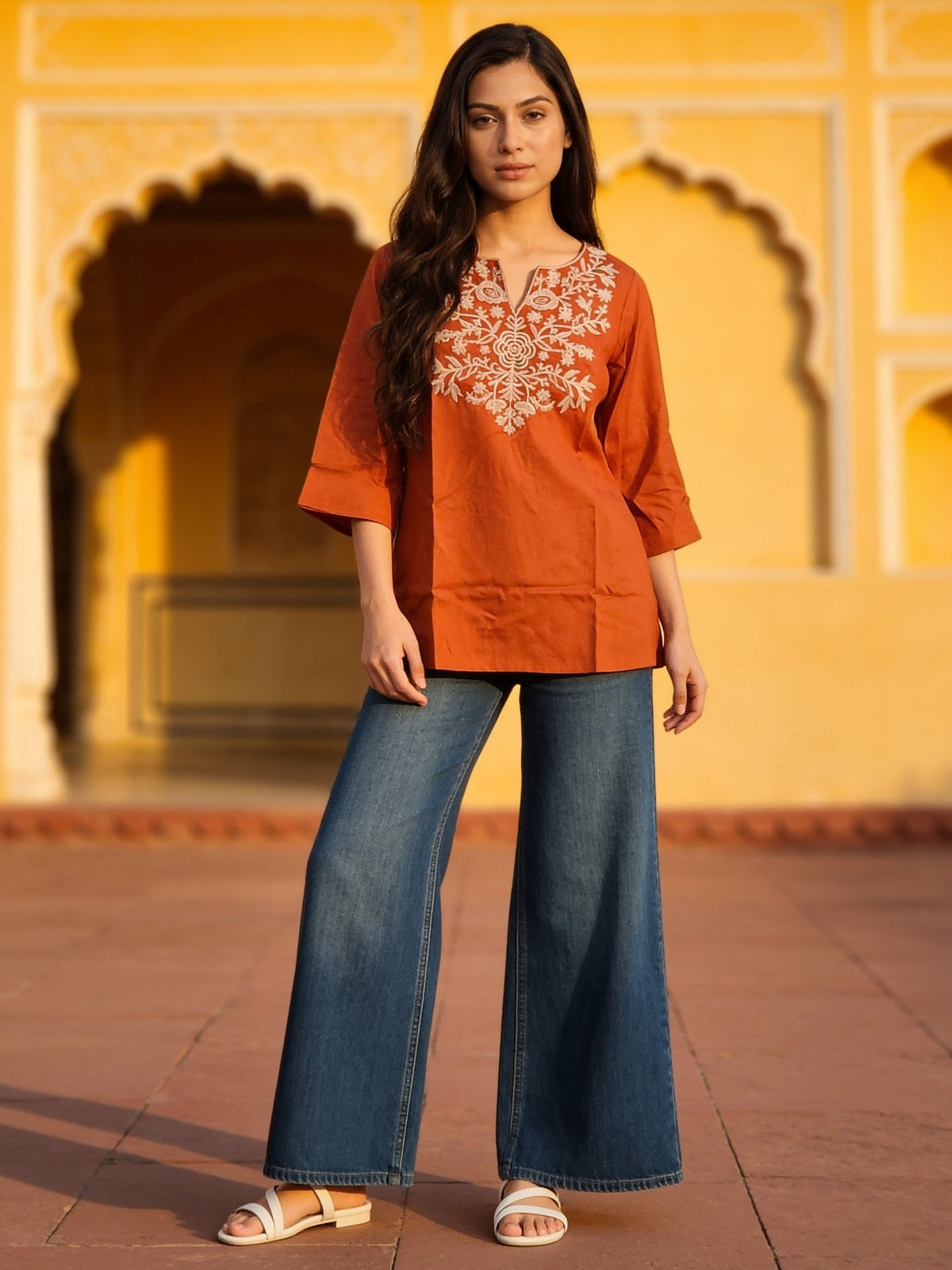 Rayon Embroidered Straight Short Length Short Kurta